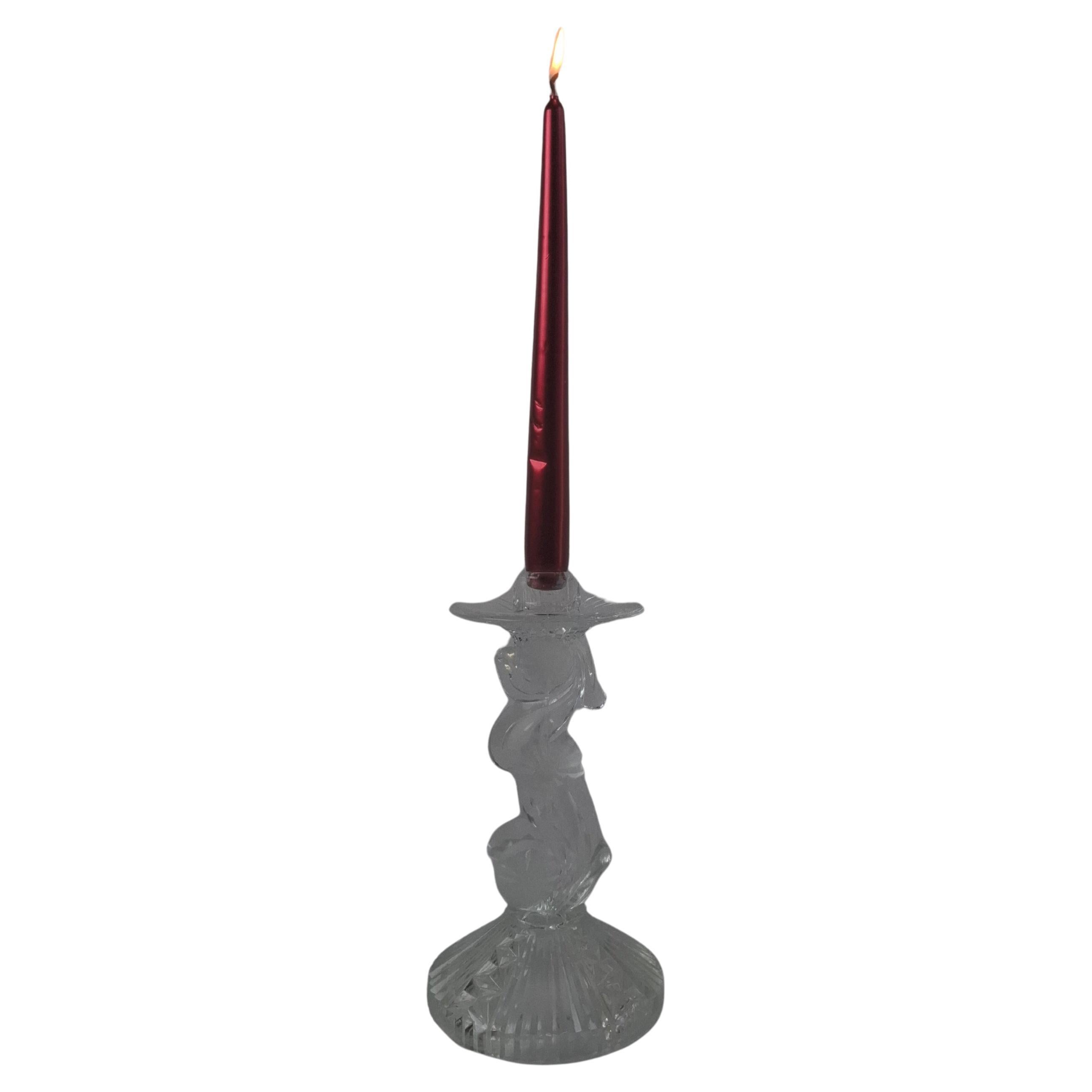 Midcentury Czechoslovak Cut Glass Sculptural Candle Holder, Clear Fire-Polished