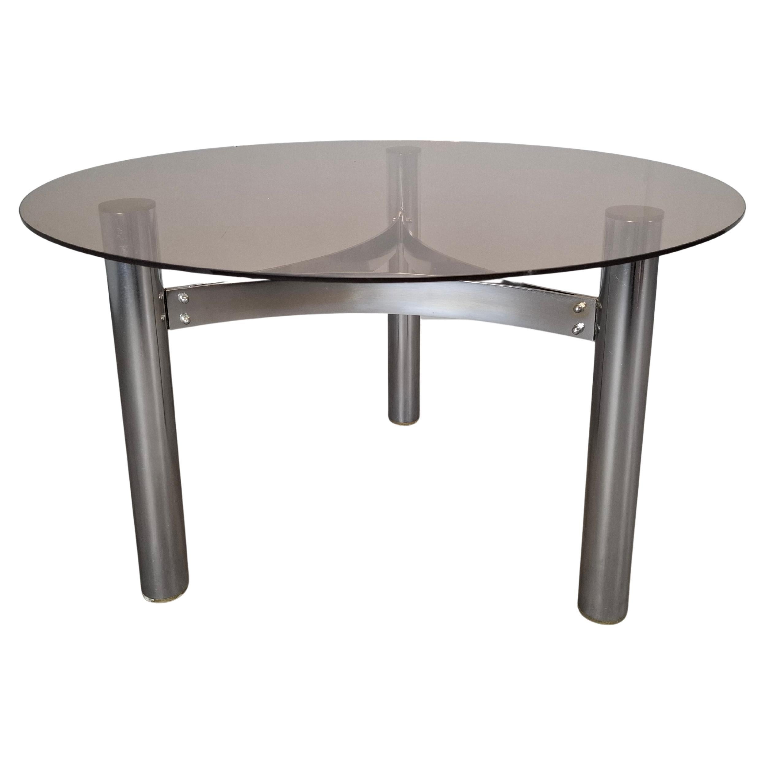 Midcentury Czechoslovak Smoked Glass Coffee Table, Chrome Metal, 1970s