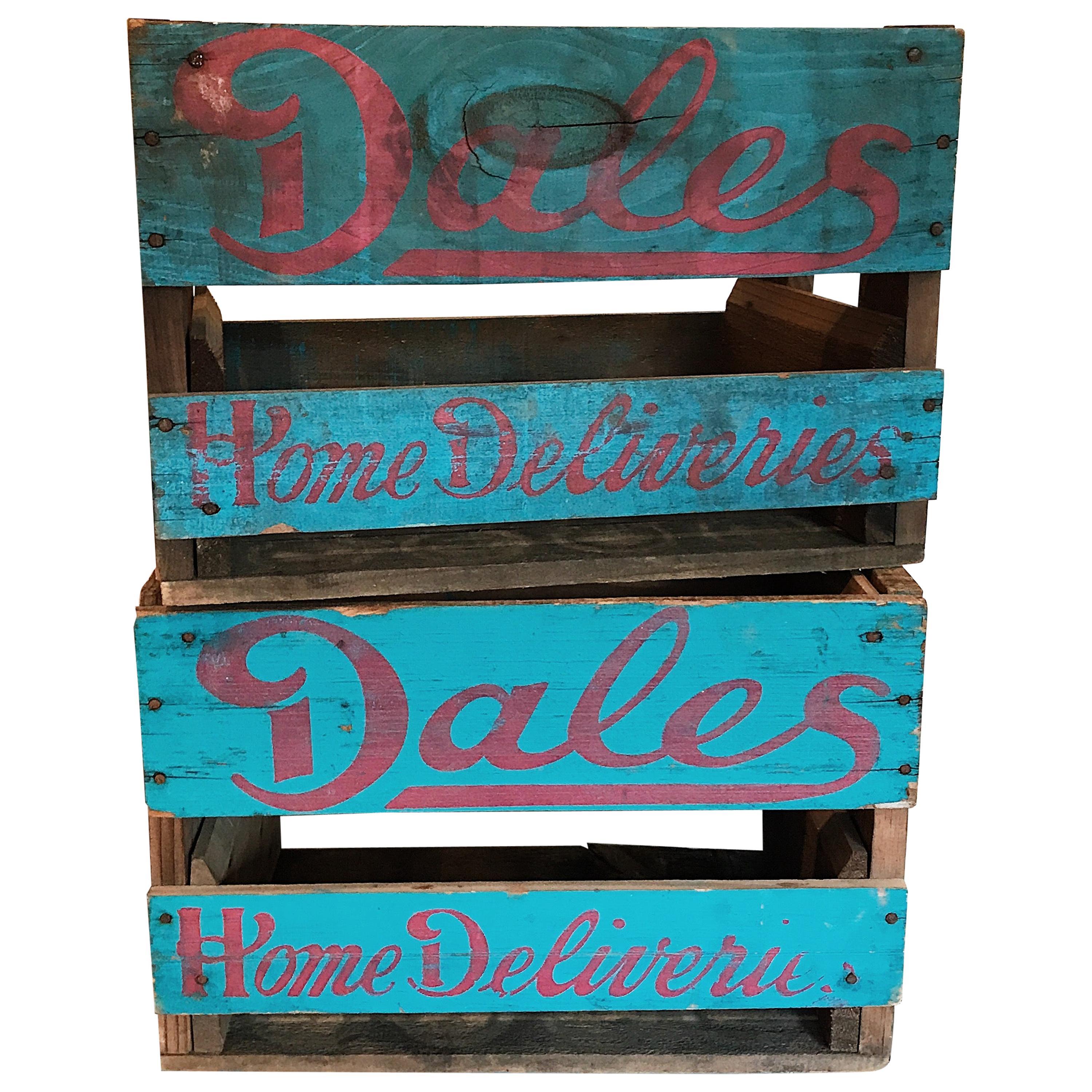 Midcentury "Dales Home Deliveries" Brand Painted Wooden Soda Crate Boxes For Sale