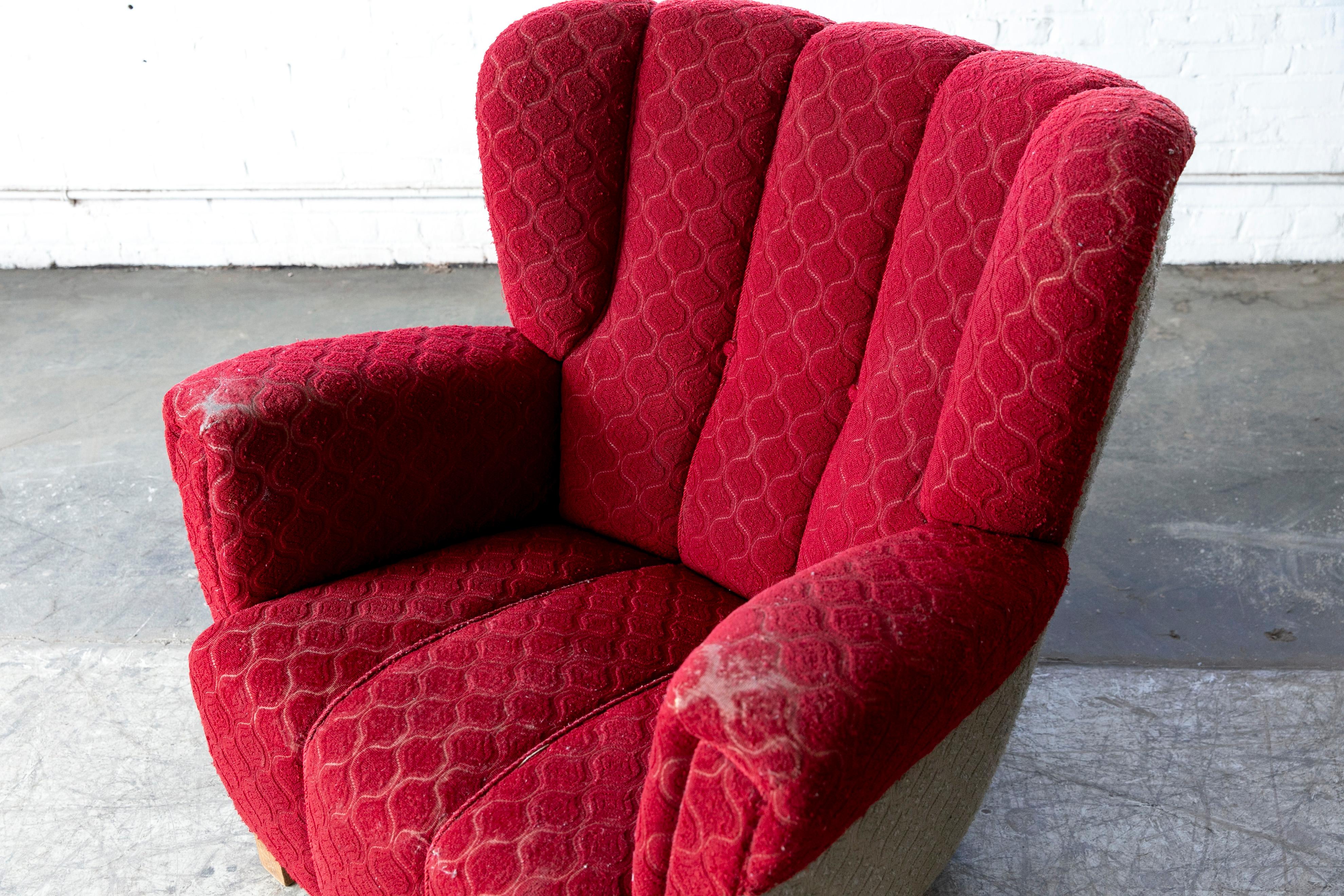 Wool Mid-Century Danish 1940's Large Scale Fritz Hansen Style Club Chair For Sale