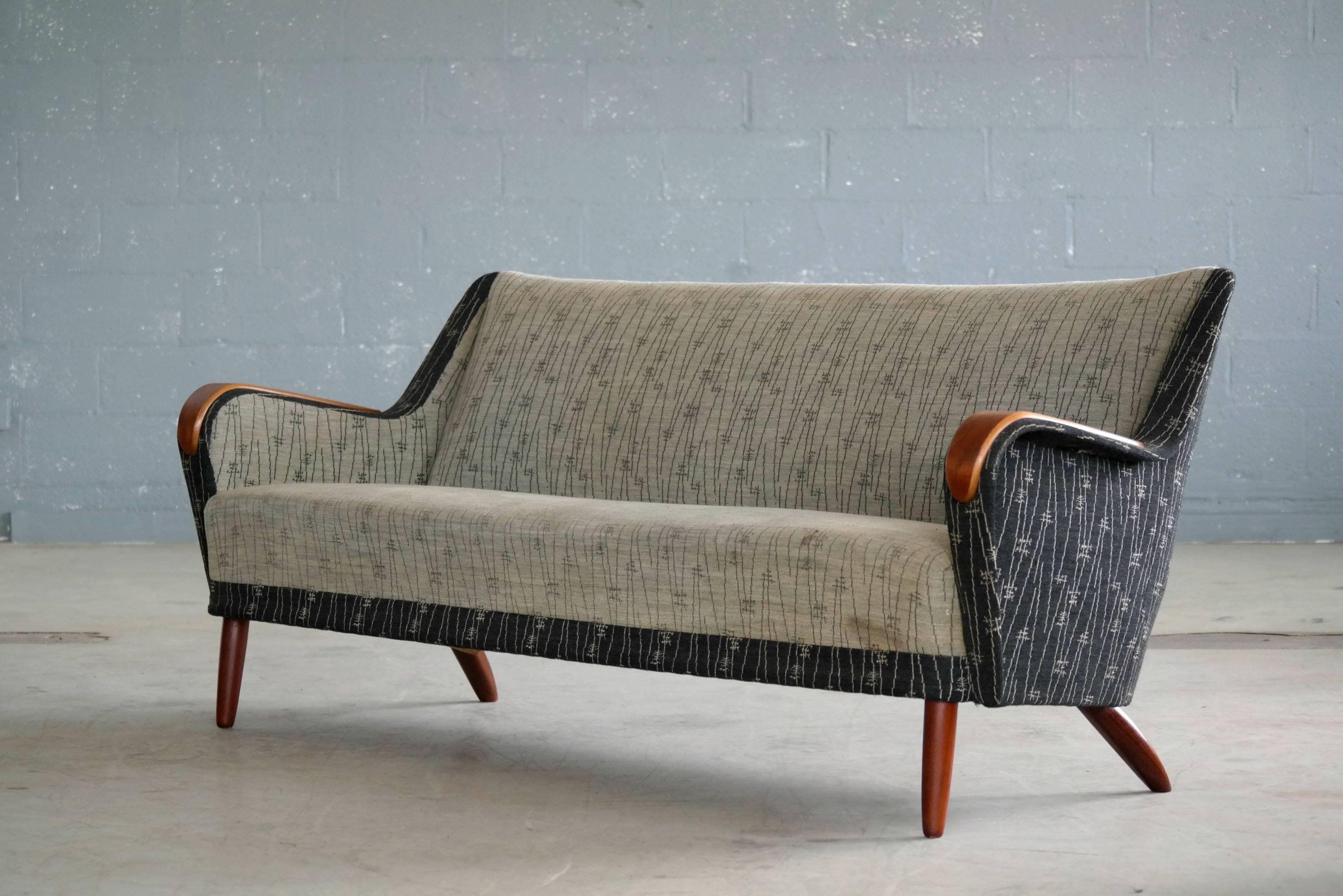 Scandinavian Modern Midcentury Danish 1950s Kurt Olsen Style Sofa with Teak Armrests