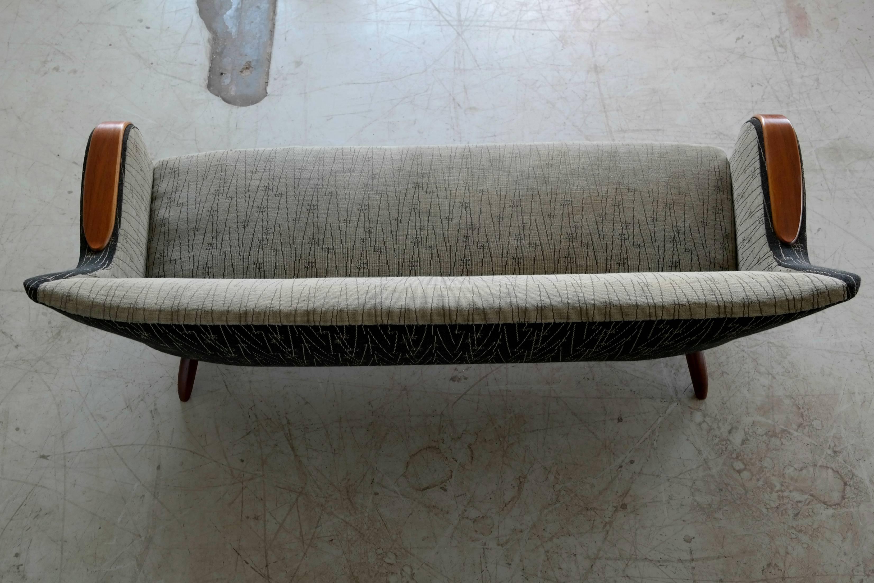 Midcentury Danish 1950s Kurt Olsen Style Sofa with Teak Armrests In Good Condition In Bridgeport, CT