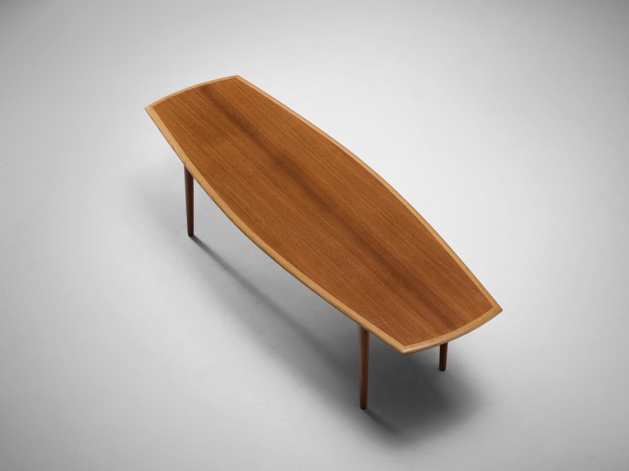 Coffee table, oak, teak, Scandinavia, 1950s

This minimalist and modest table has a barrel shaped top and four cylindrical tapered legs. The table is 160cm wide and can function as a side, coffee or cocktail table. The border of the teak top is