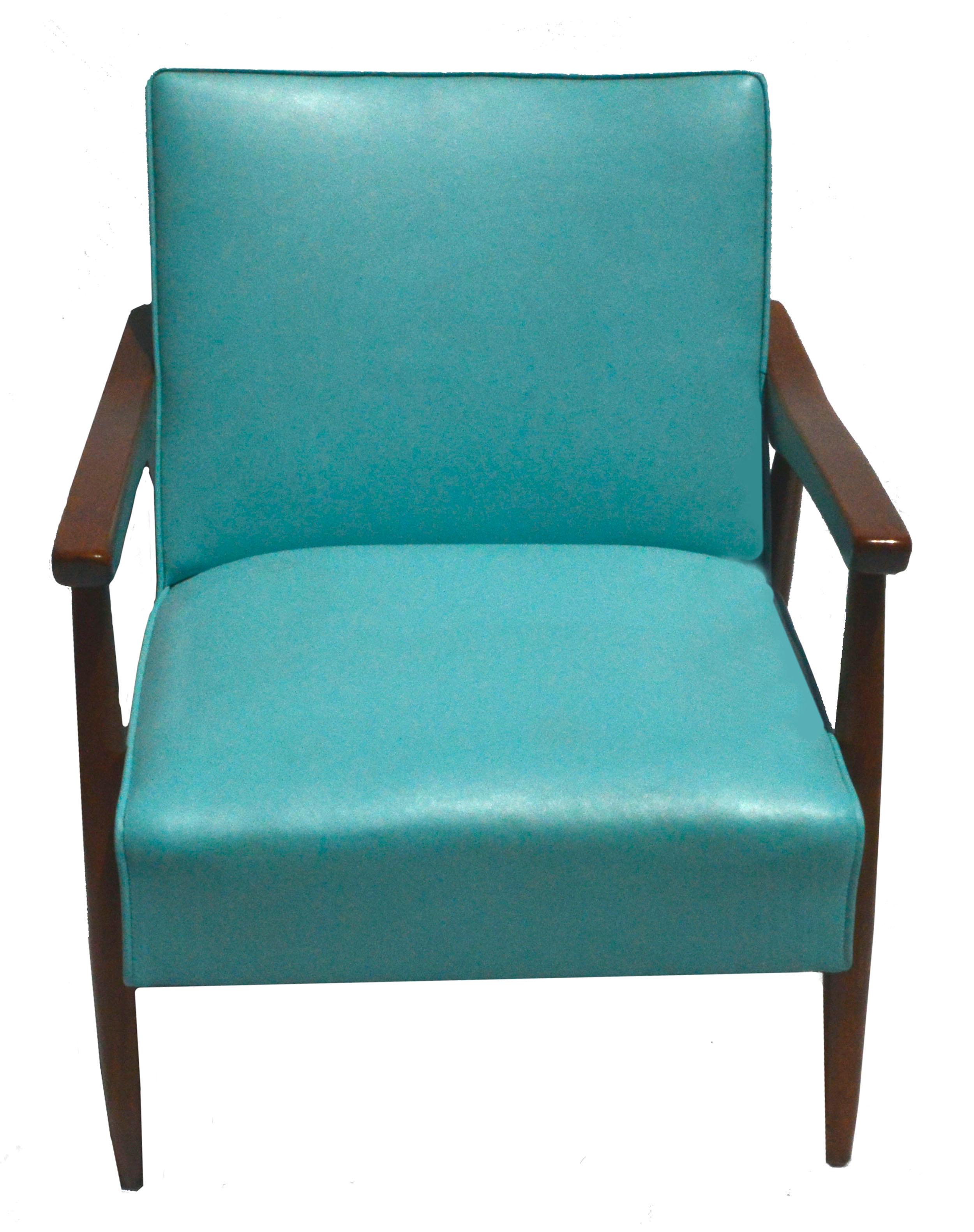 Wonderful 1954 Baumritter chair with Baumritter label. Midcentury Danish modern-day design. Original Tiffany blue-like turquoise Naugahyde vinyl and walnut. Condition: Excellent: Strong wood frame and unblemished and non-faded Naugahyde. Original