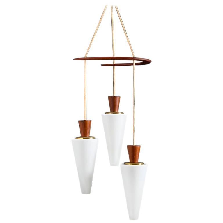 Midcentury Danish Boomerang-Hanging Lamp in Teak and Glass For Sale