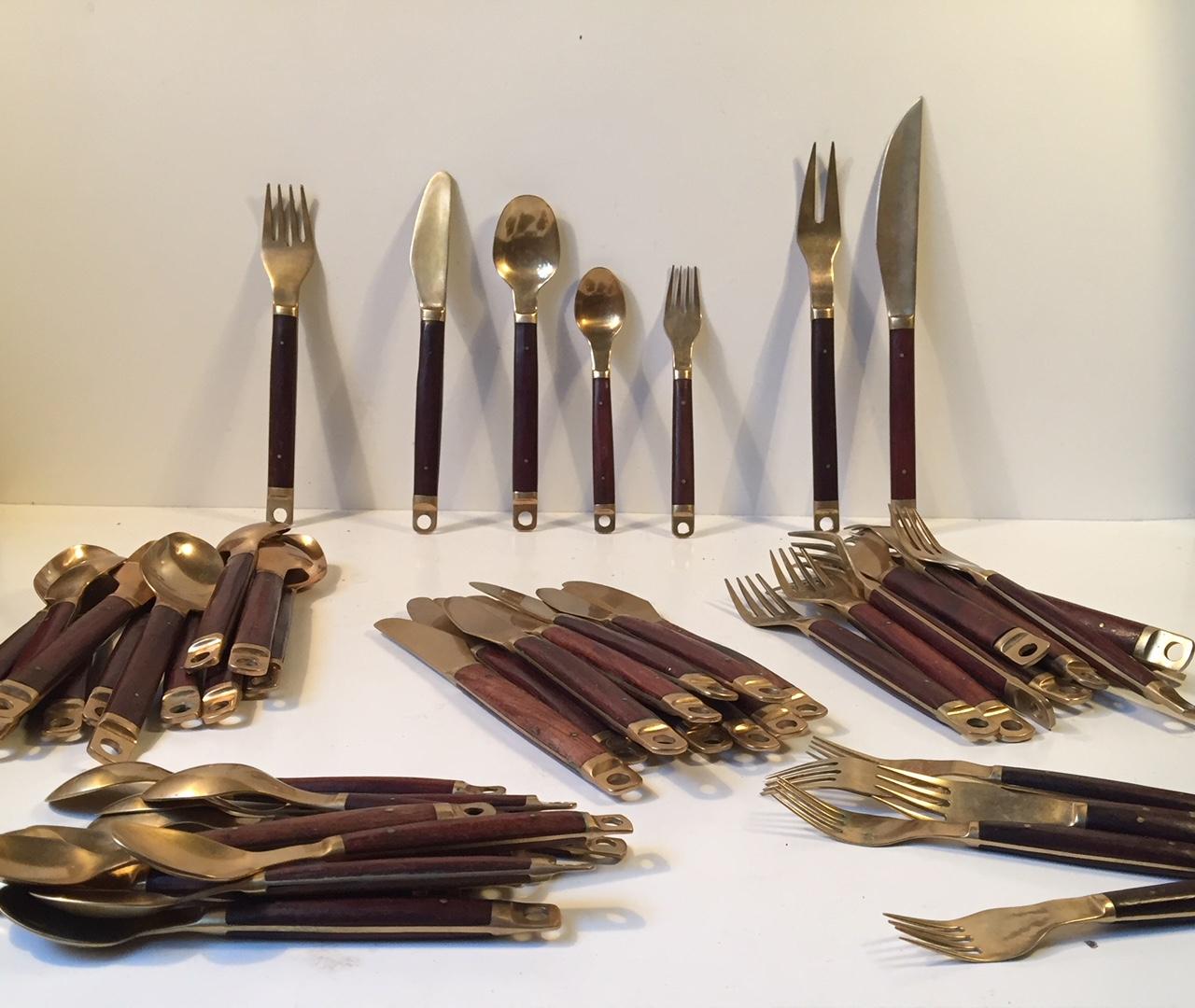Midcentury Danish Brass and Teak Flatware Cutlery Set from Carl Cohr, Set of 55 In Good Condition In Esbjerg, DK