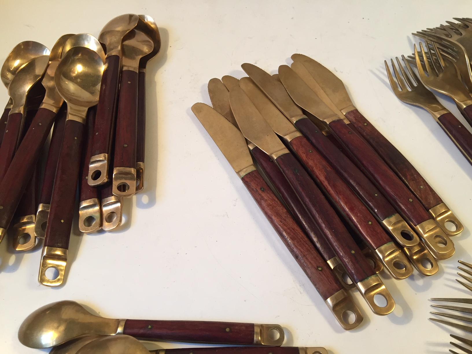 Midcentury Danish Brass and Teak Flatware Cutlery Set from Carl Cohr, Set of 55 1