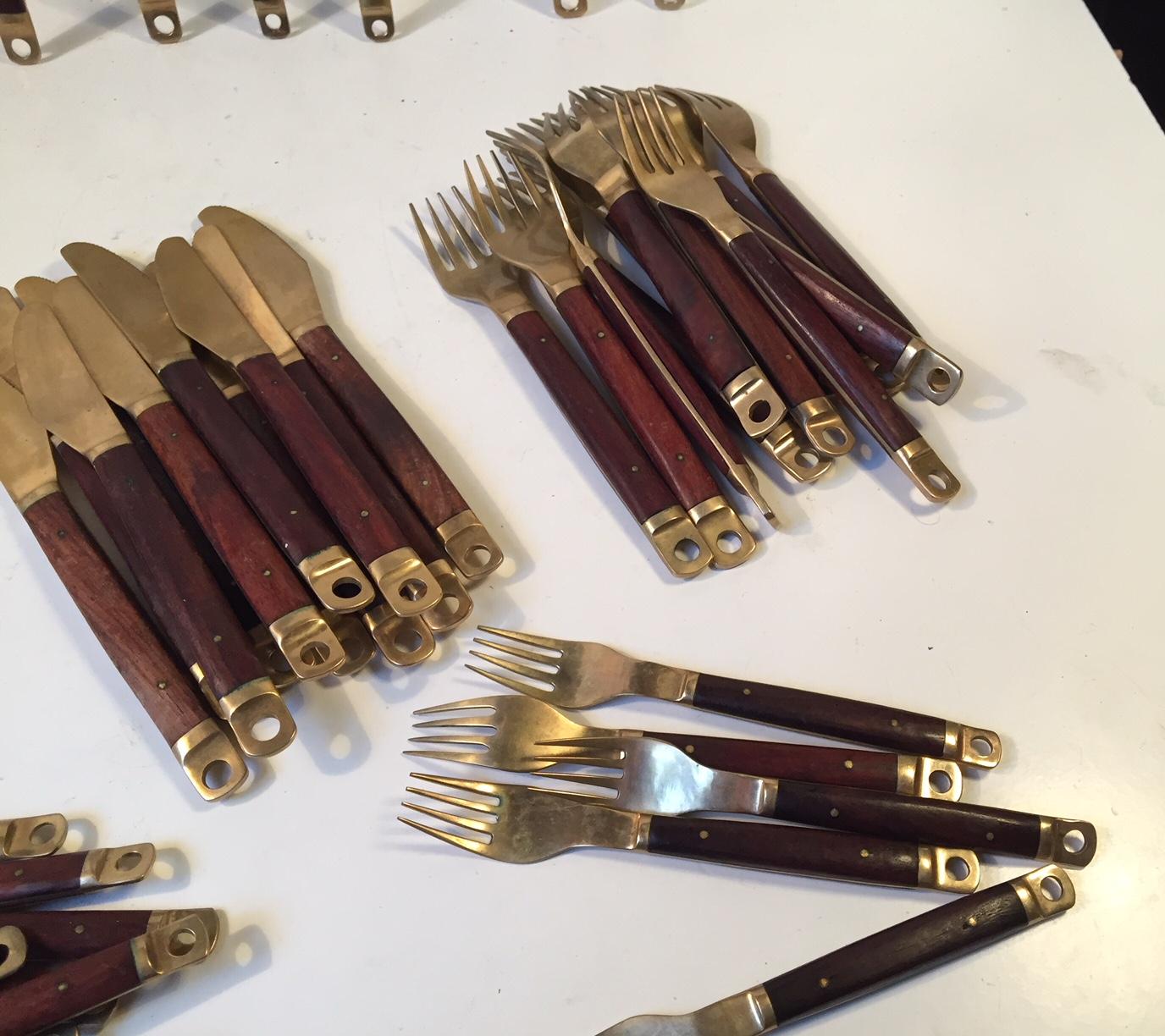 Midcentury Danish Brass and Teak Flatware Cutlery Set from Carl Cohr, Set of 55 2
