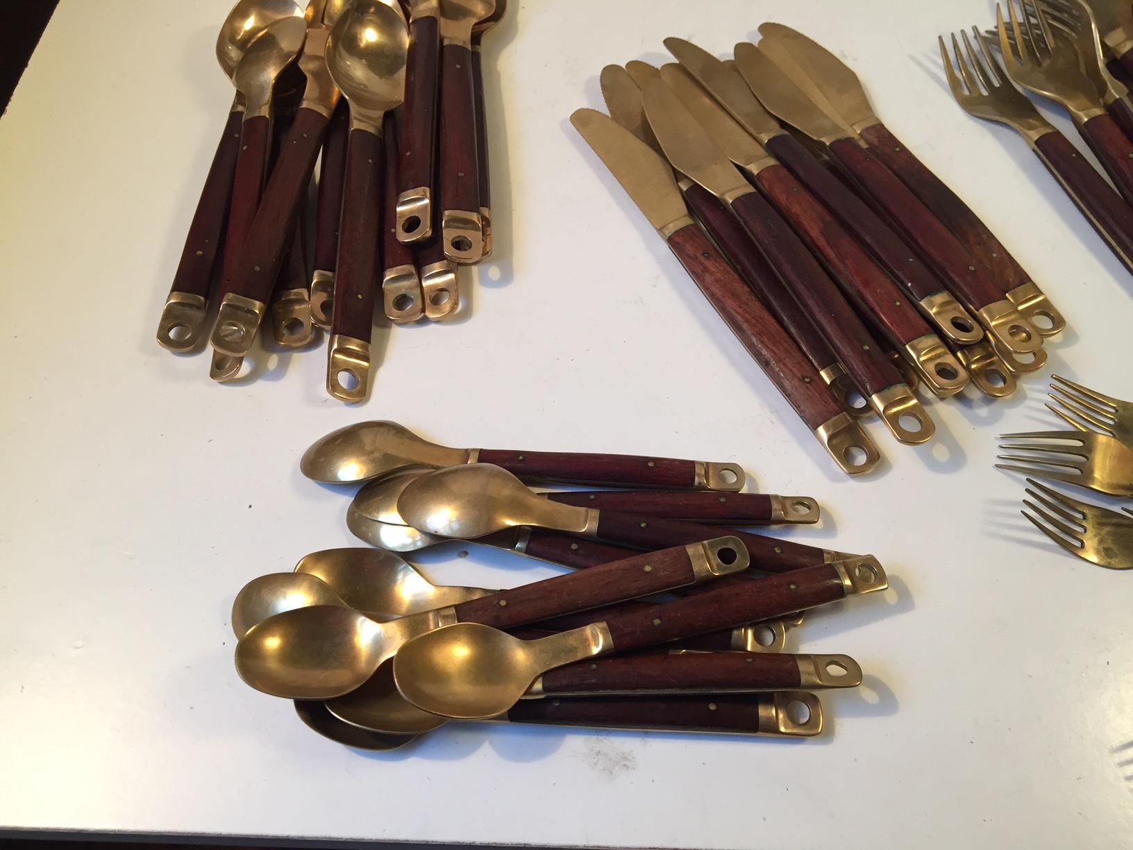 Midcentury Danish Brass and Teak Flatware Cutlery Set from Carl Cohr, Set of 55 3