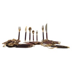 Vintage Midcentury Danish Brass and Teak Flatware Cutlery Set from Carl Cohr, Set of 55