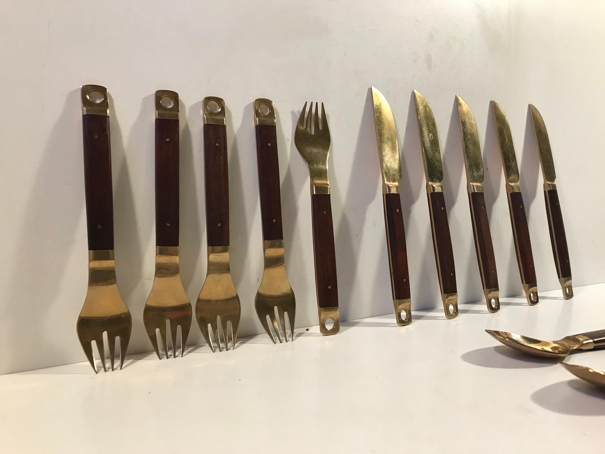 Mid-Century Modern Midcentury Danish Brass and Teak Flatware Cutlery Set from Carl Cohr, Set of 20