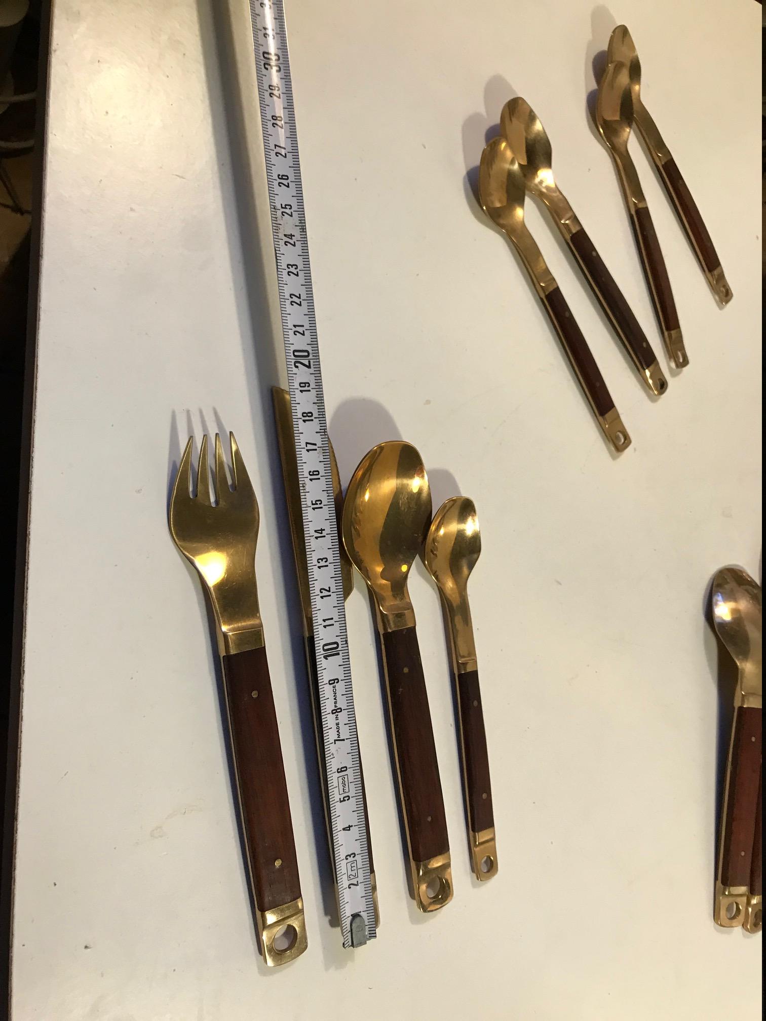 Midcentury Danish Brass and Teak Flatware Cutlery Set from Carl Cohr, Set of 20 2