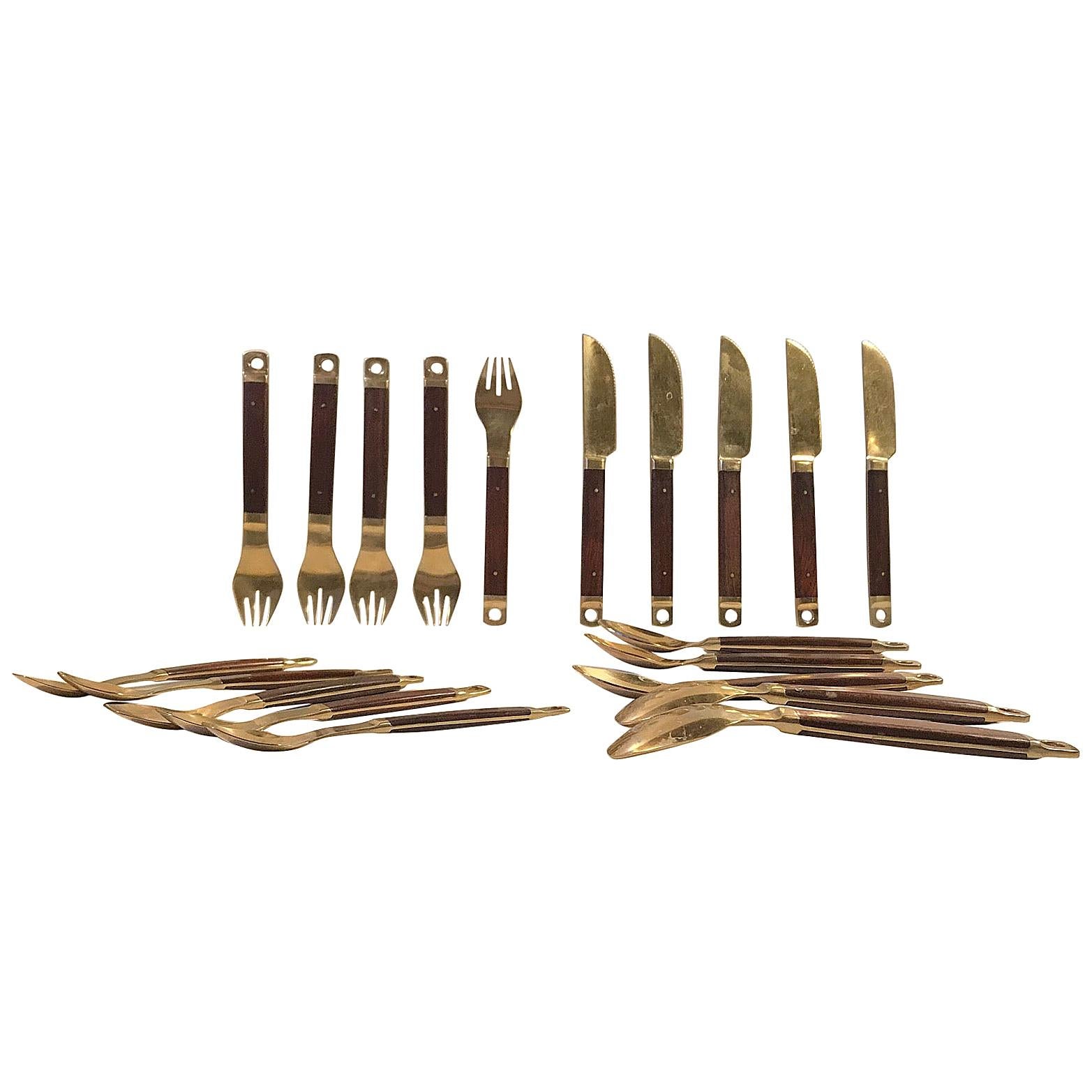 Midcentury Danish Brass and Teak Flatware Cutlery Set from Carl Cohr, Set of 20