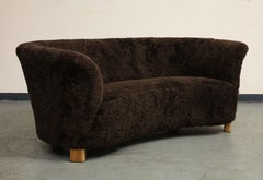Mid-Century Danish Brown Shearling Curved Sofa, Attributed to Flemming Lassen