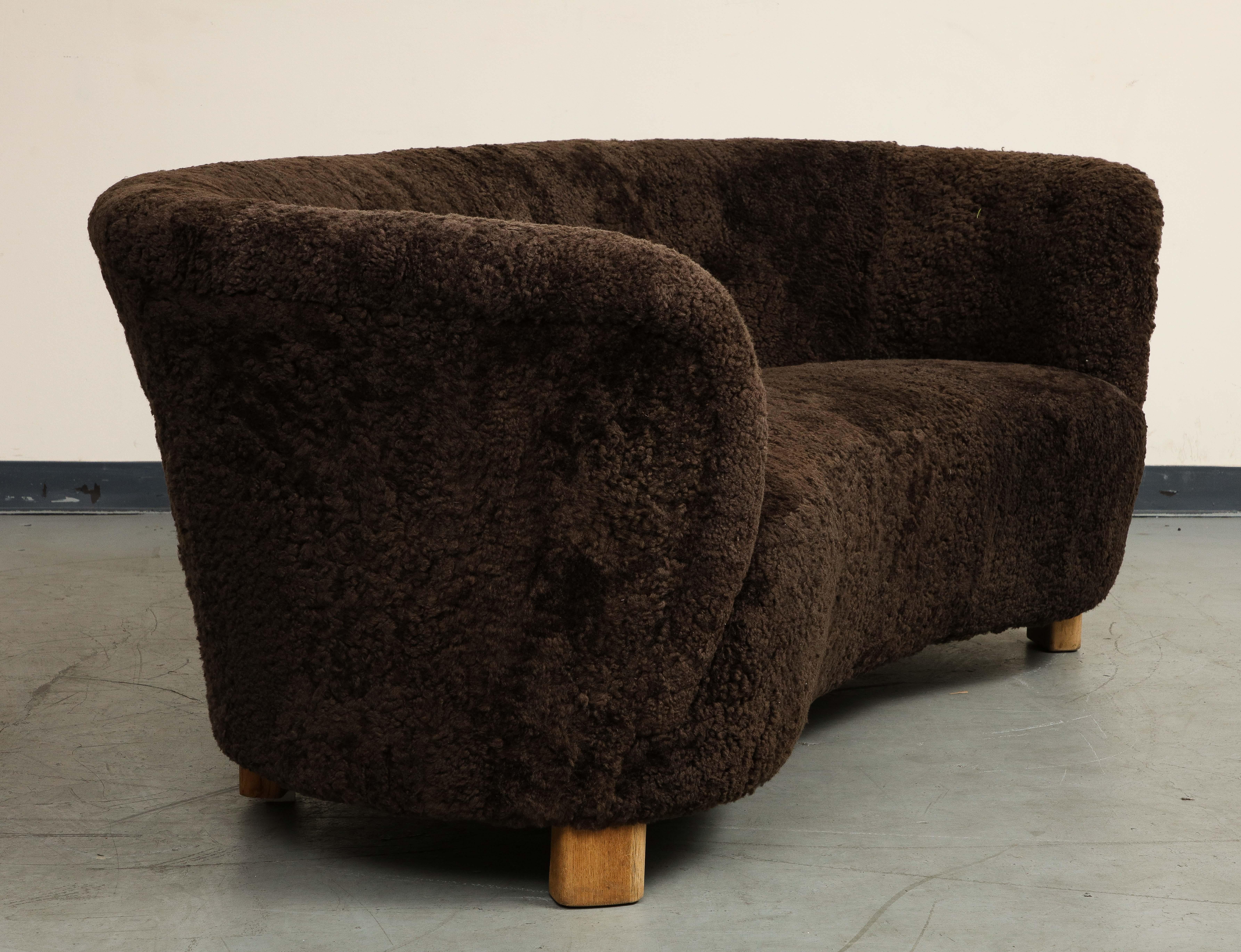 Mid-Century Modern Mid-Century Danish Brown Shearling Curved Sofa, Attributed to Flemming Lassen For Sale