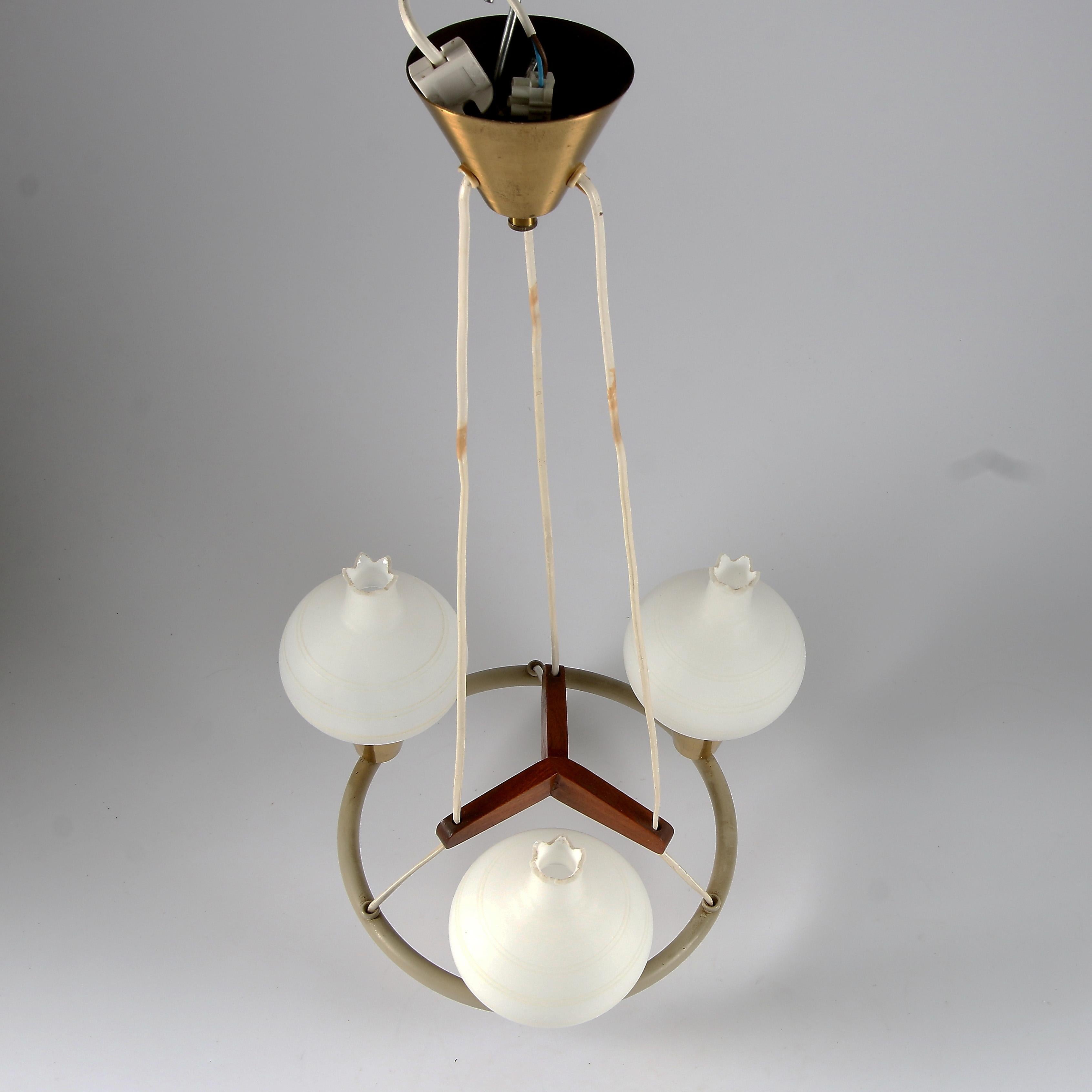 Mid-Century Modern Midcentury Danish Chandelier with Opaline Glass Shades For Sale