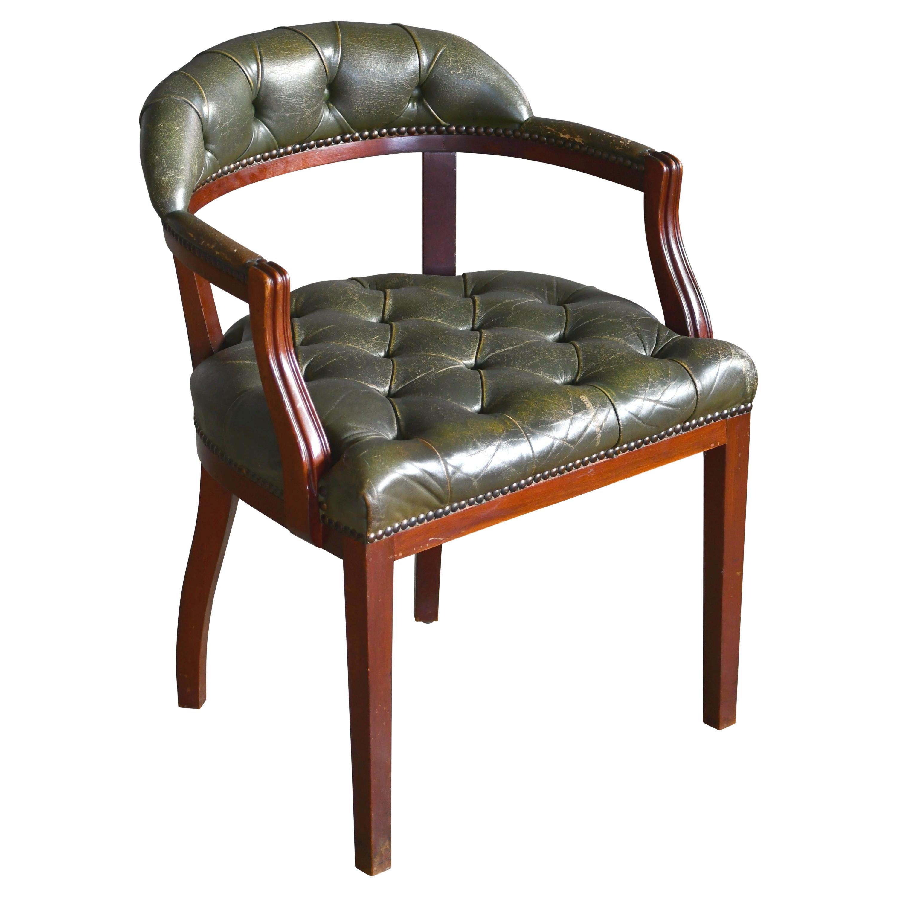 Midcentury Danish Chesterfield Style Court Chair in Patinated Green Leather