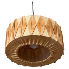 Midcentury Danish Design Wood and Natural Linen Pendant, 1960s