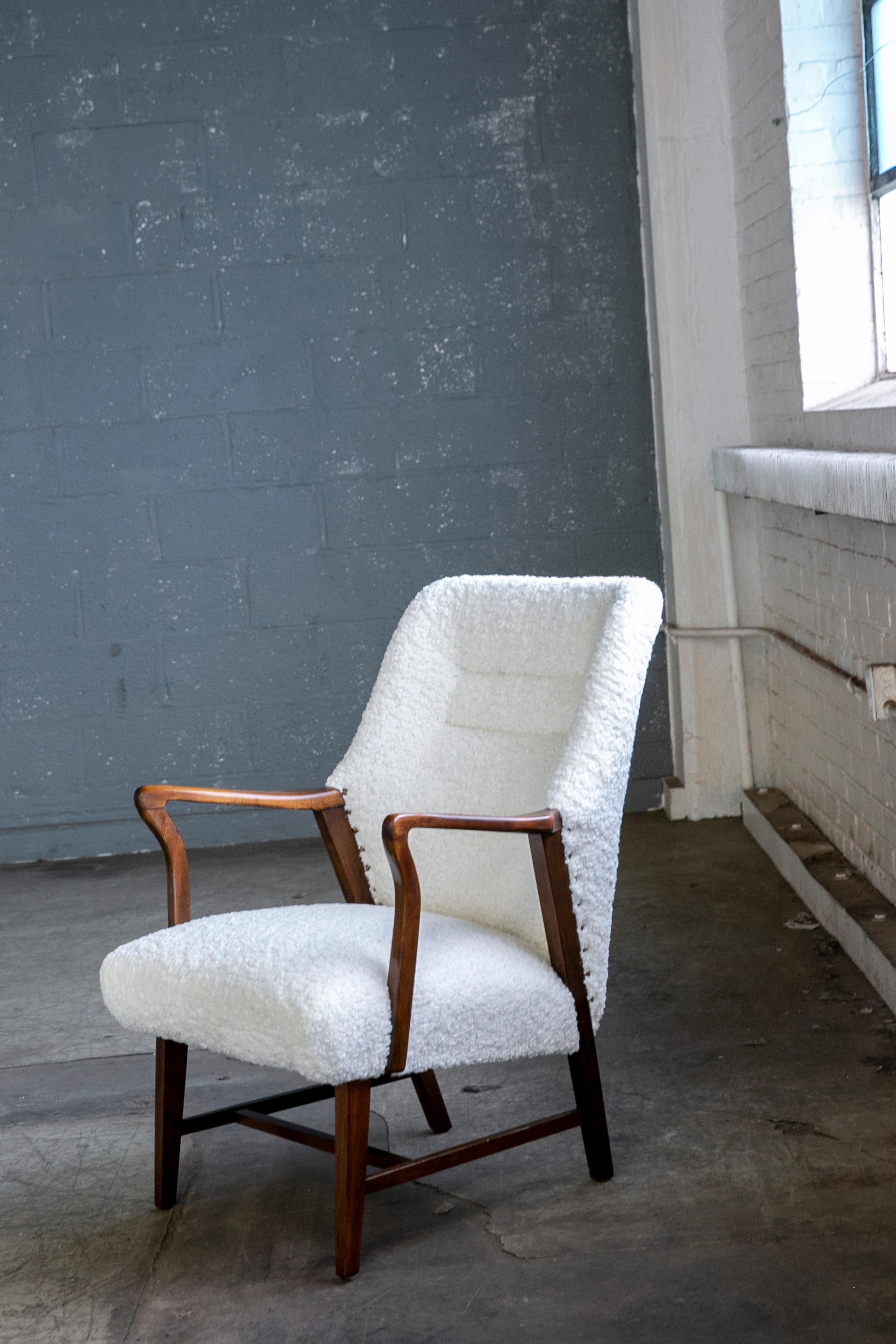 Mid-Century Modern Midcentury Danish Easy Lounge Chair in Mahogany Newly Upholstered in Boucle