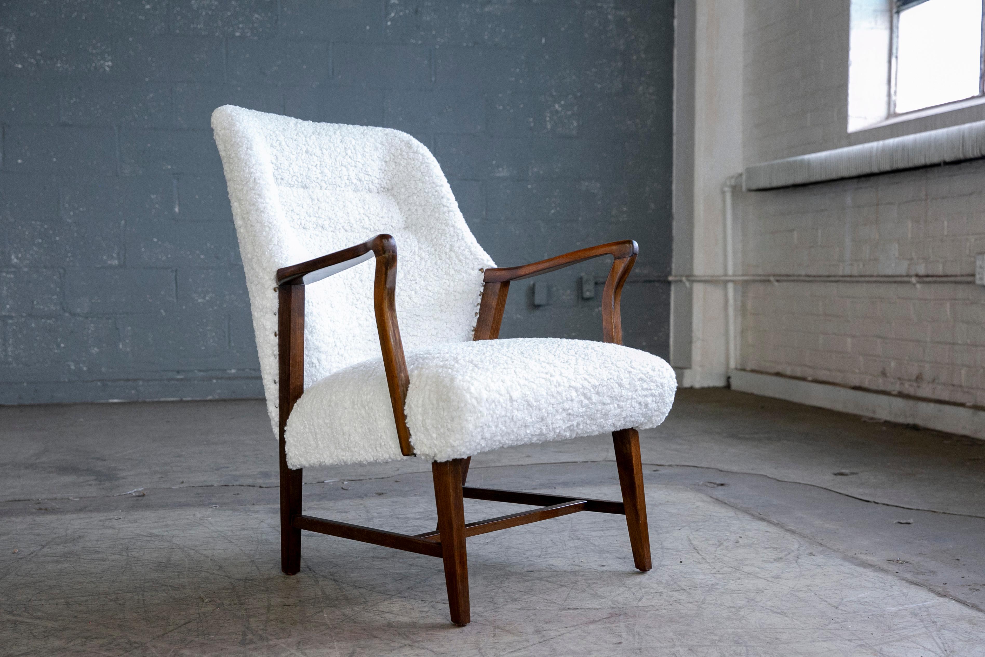Mid-20th Century Midcentury Danish Easy Lounge Chair in Mahogany Newly Upholstered in Boucle