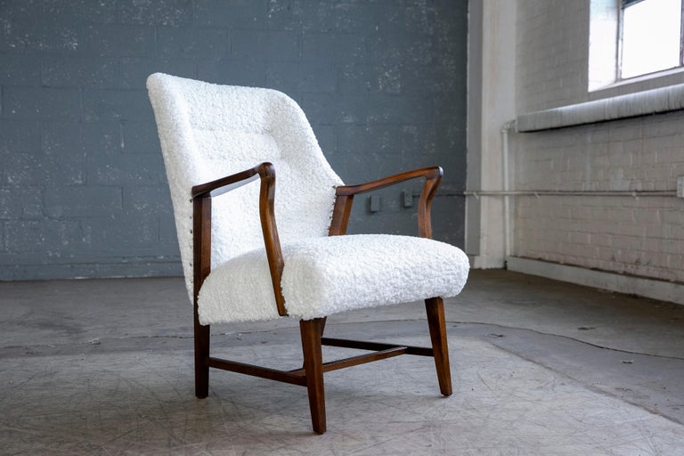 Mid-20th Century Midcentury Danish Easy Lounge Chair in Mahogany Newly Upholstered in Boucle For Sale