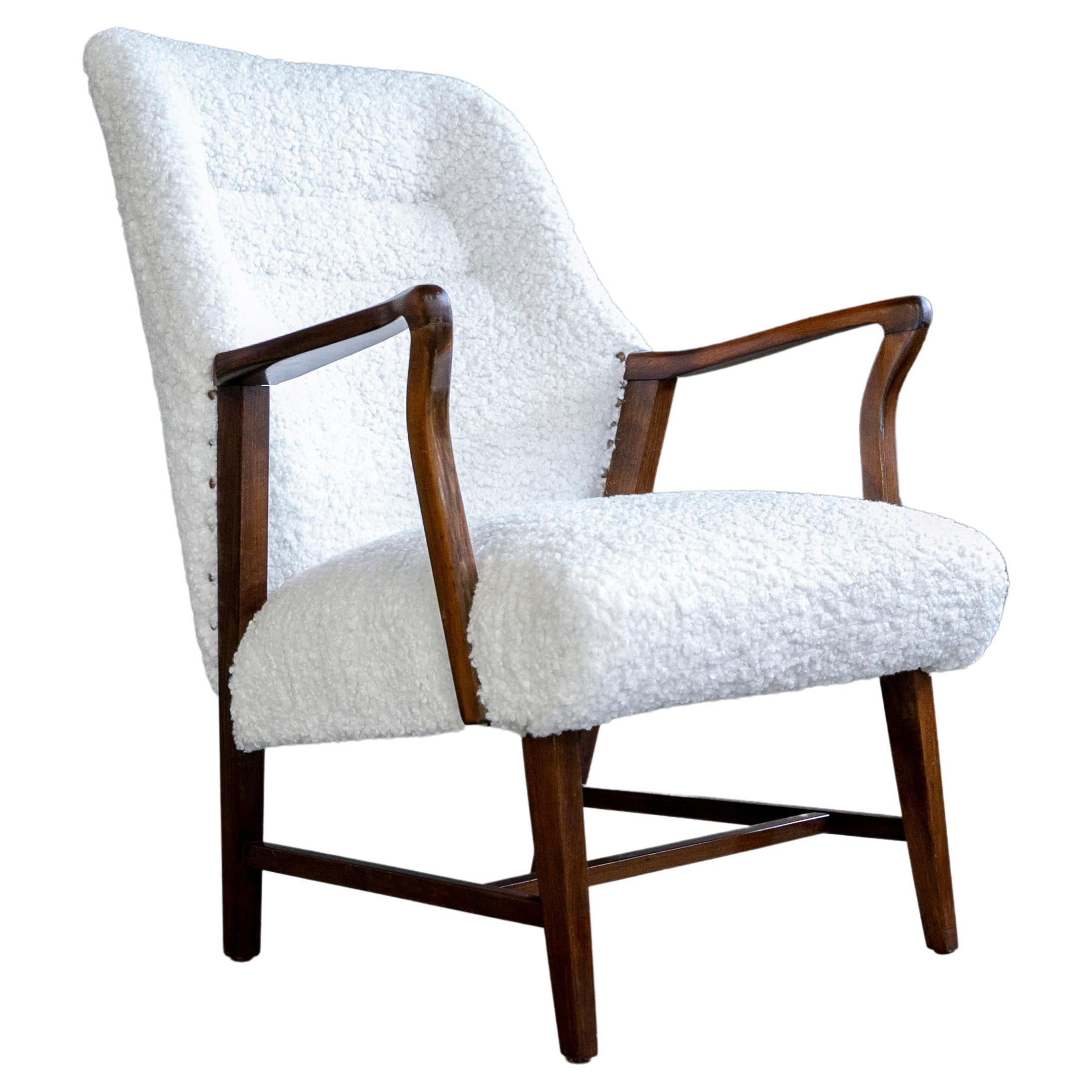 Midcentury Danish Easy Lounge Chair in Mahogany Newly Upholstered in Boucle