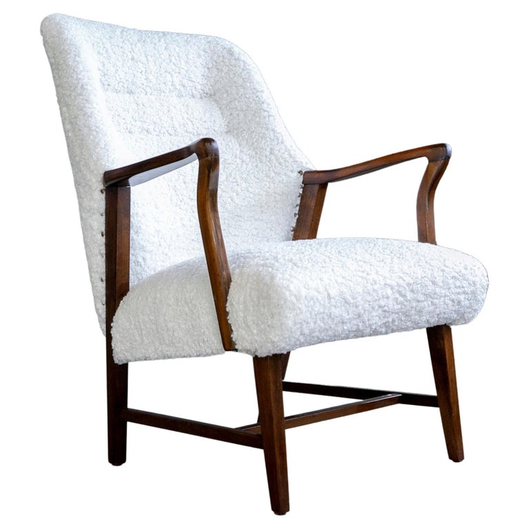 Midcentury Danish Easy Lounge Chair in Mahogany Newly Upholstered in Boucle For Sale