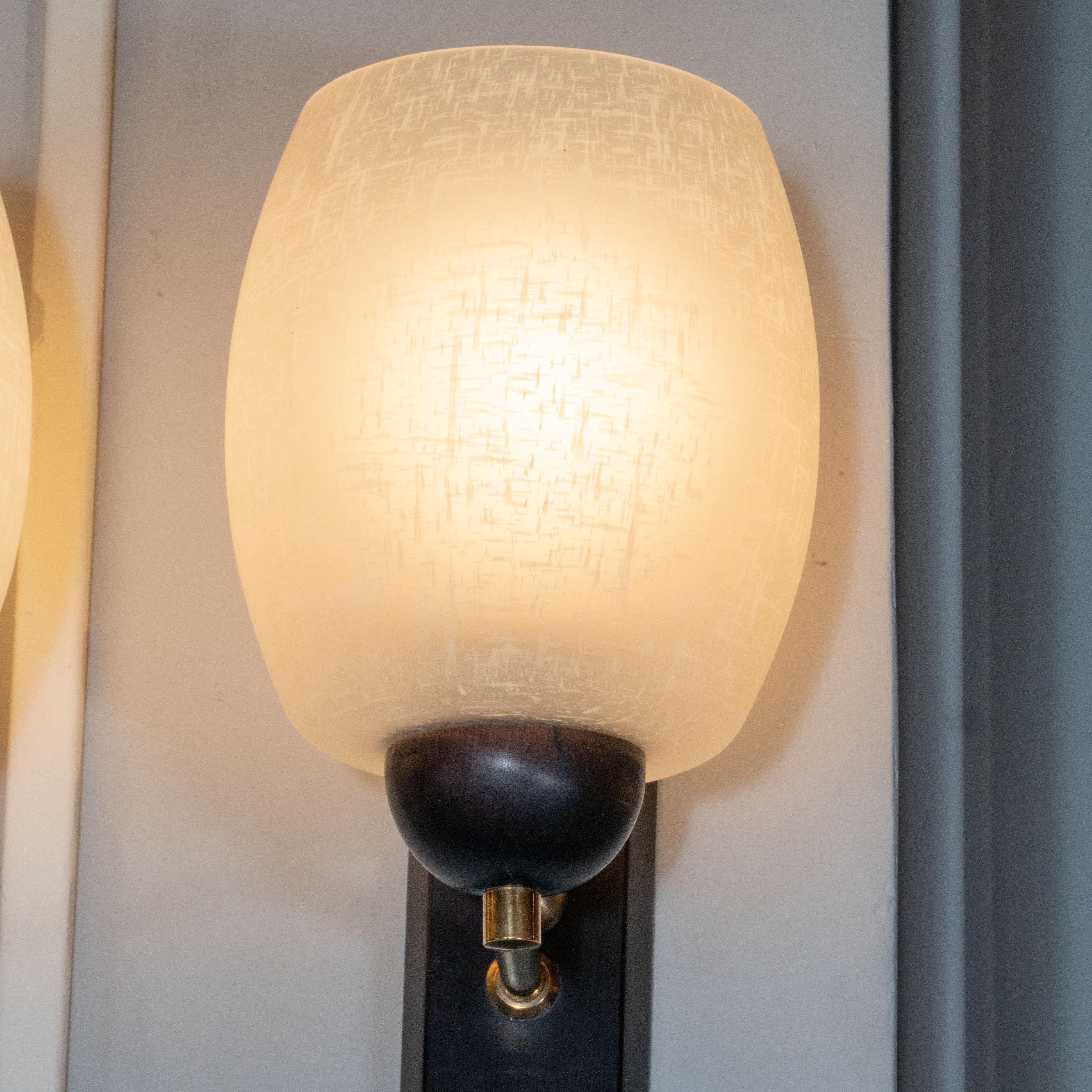 Midcentury Danish Ebonized Walnut, Brass, and Textured Frosted Glass Sconces In Excellent Condition In New York, NY