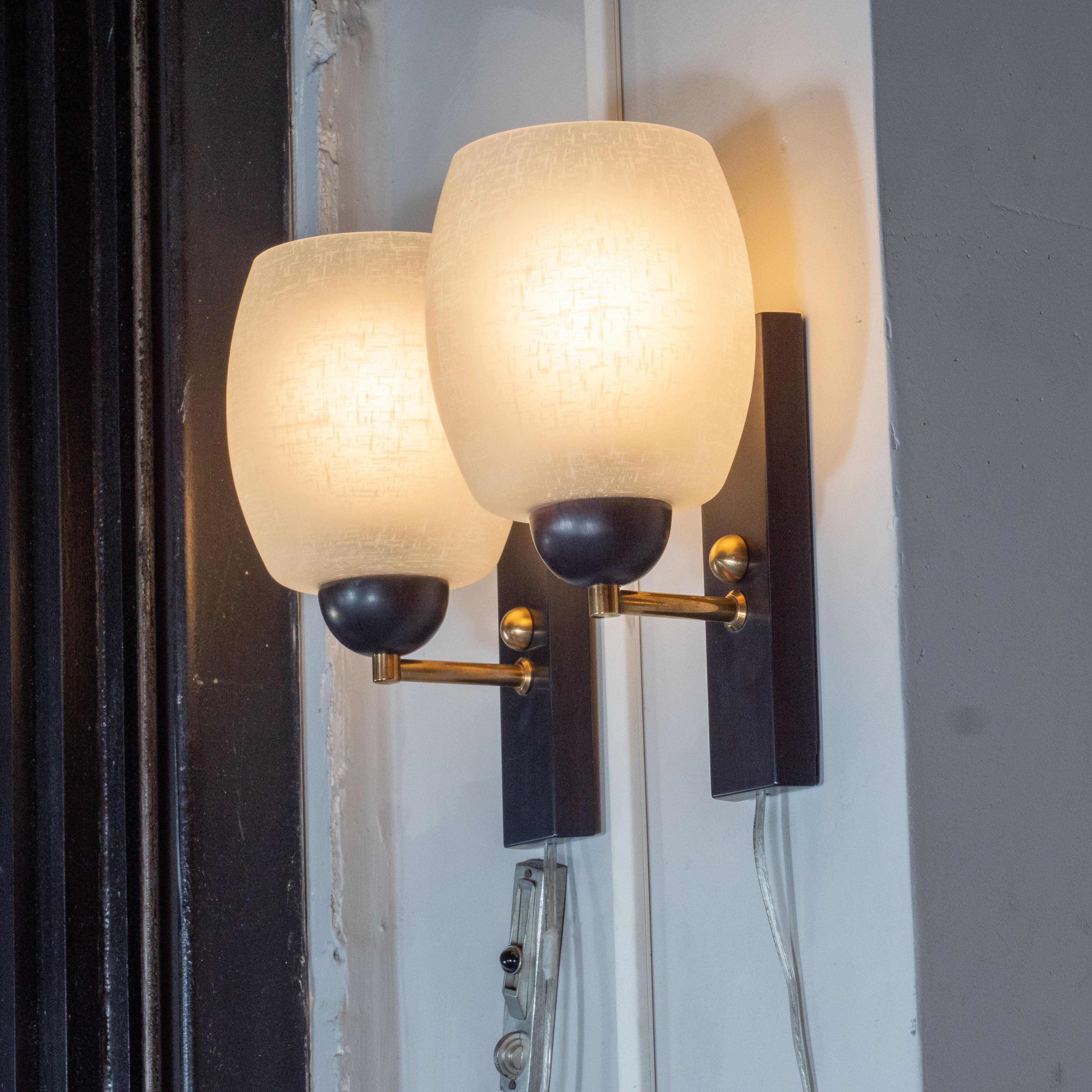 Mid-20th Century Midcentury Danish Ebonized Walnut, Brass, and Textured Frosted Glass Sconces