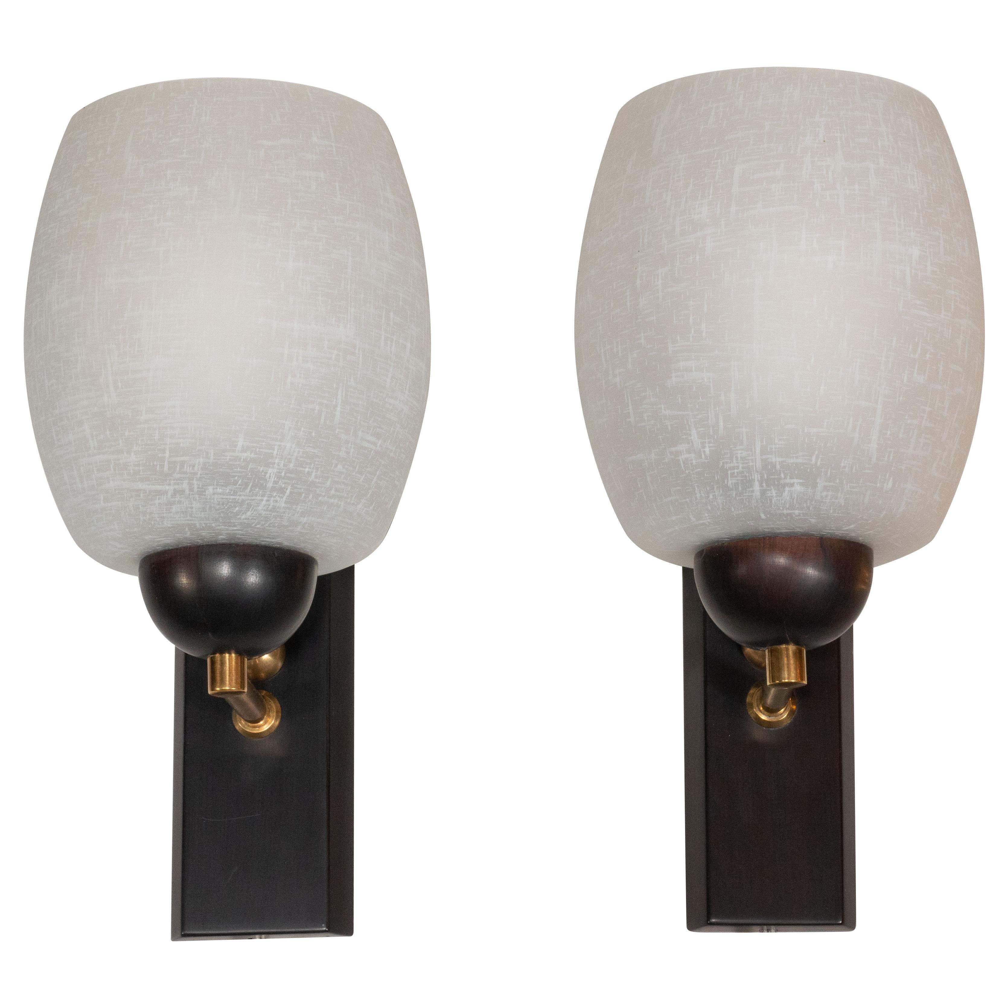 Midcentury Danish Ebonized Walnut, Brass, and Textured Frosted Glass Sconces