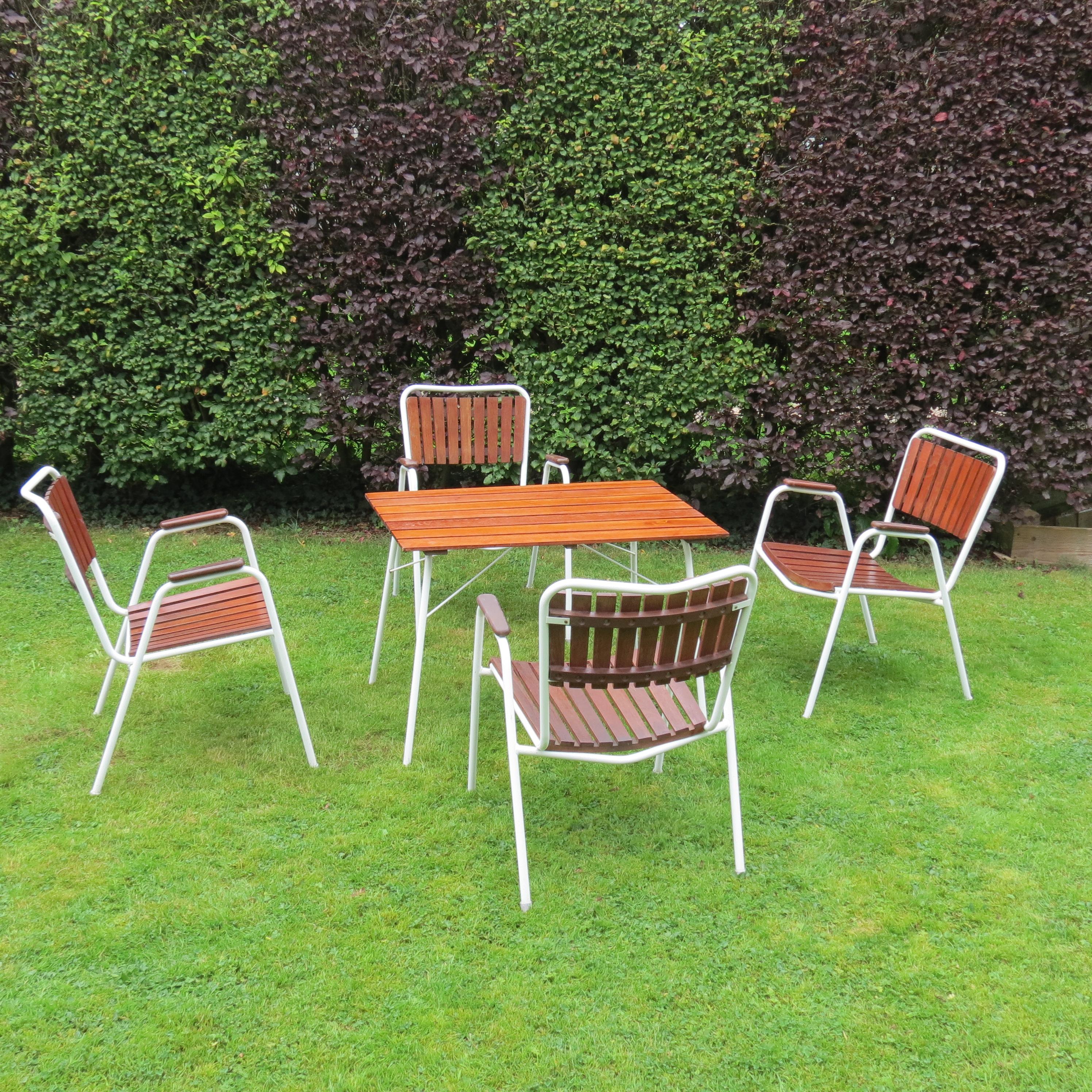 Midcentury Danish Garden Set by Daneline Stacking chairs and Folding table 4