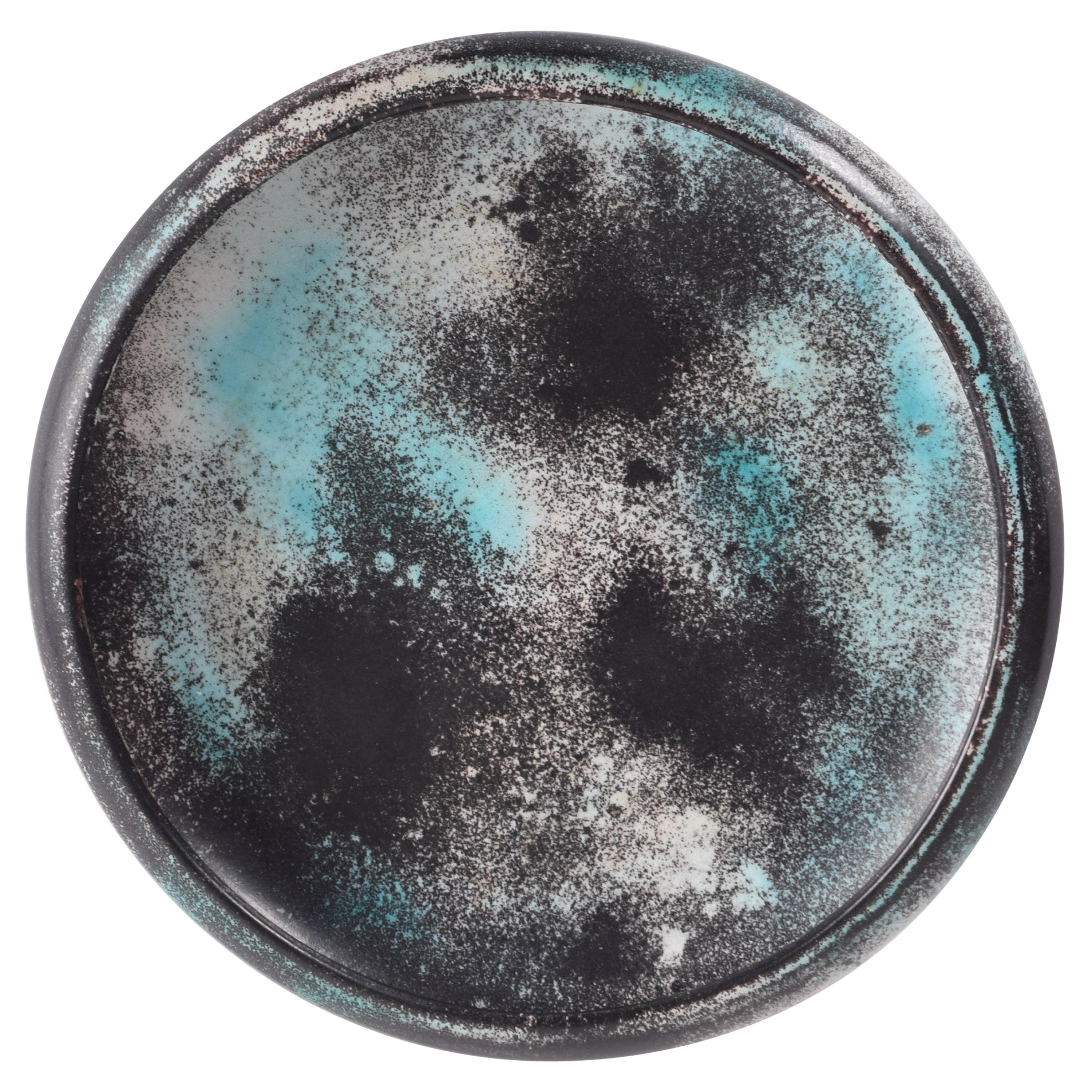Midcentury Danish Kähler Large Ceramic Low Bowl Green Black Gray Speckled Glaze  For Sale