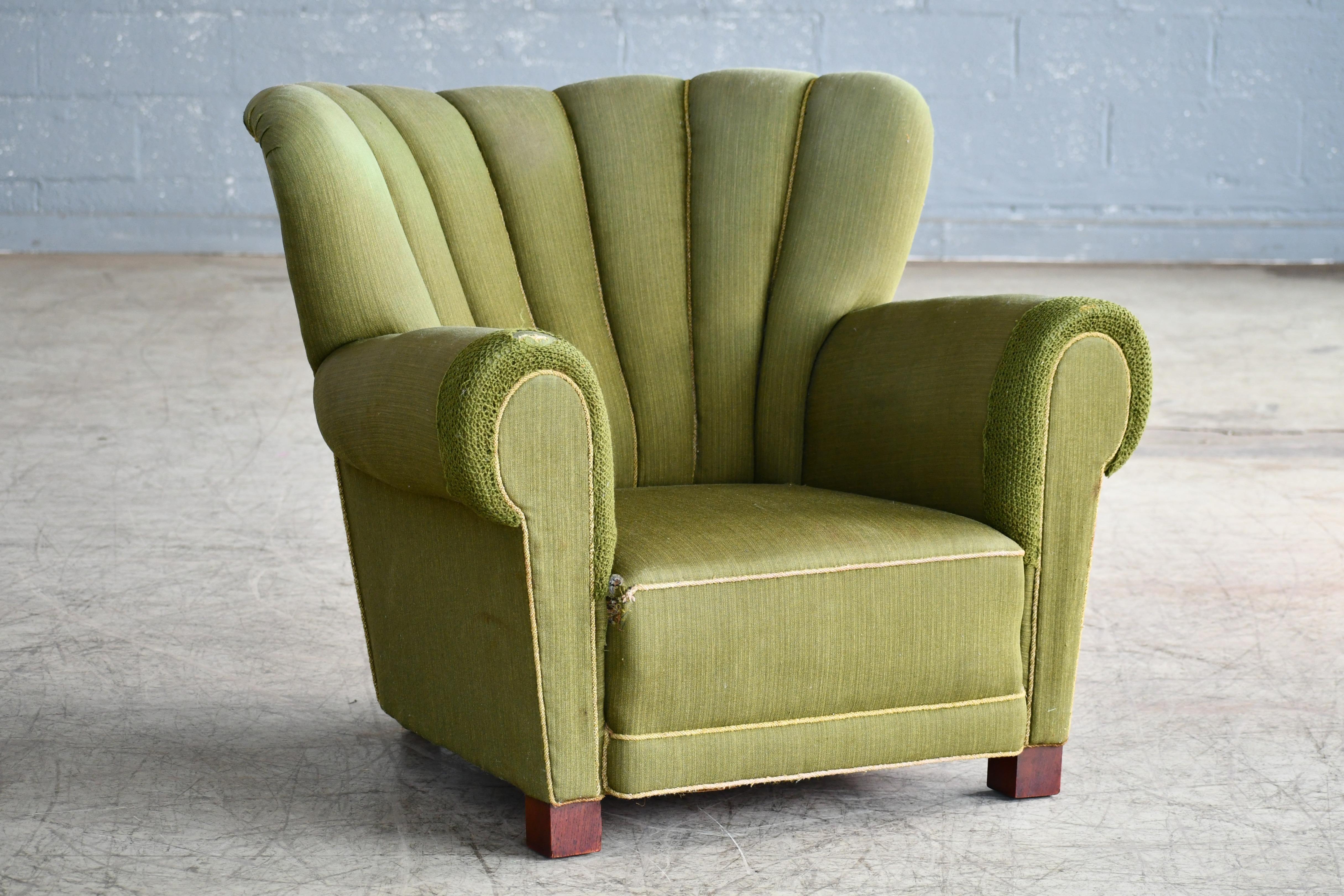 Wool Midcentury Danish Large Fritz Hansen Style Club Chair, 1940s
