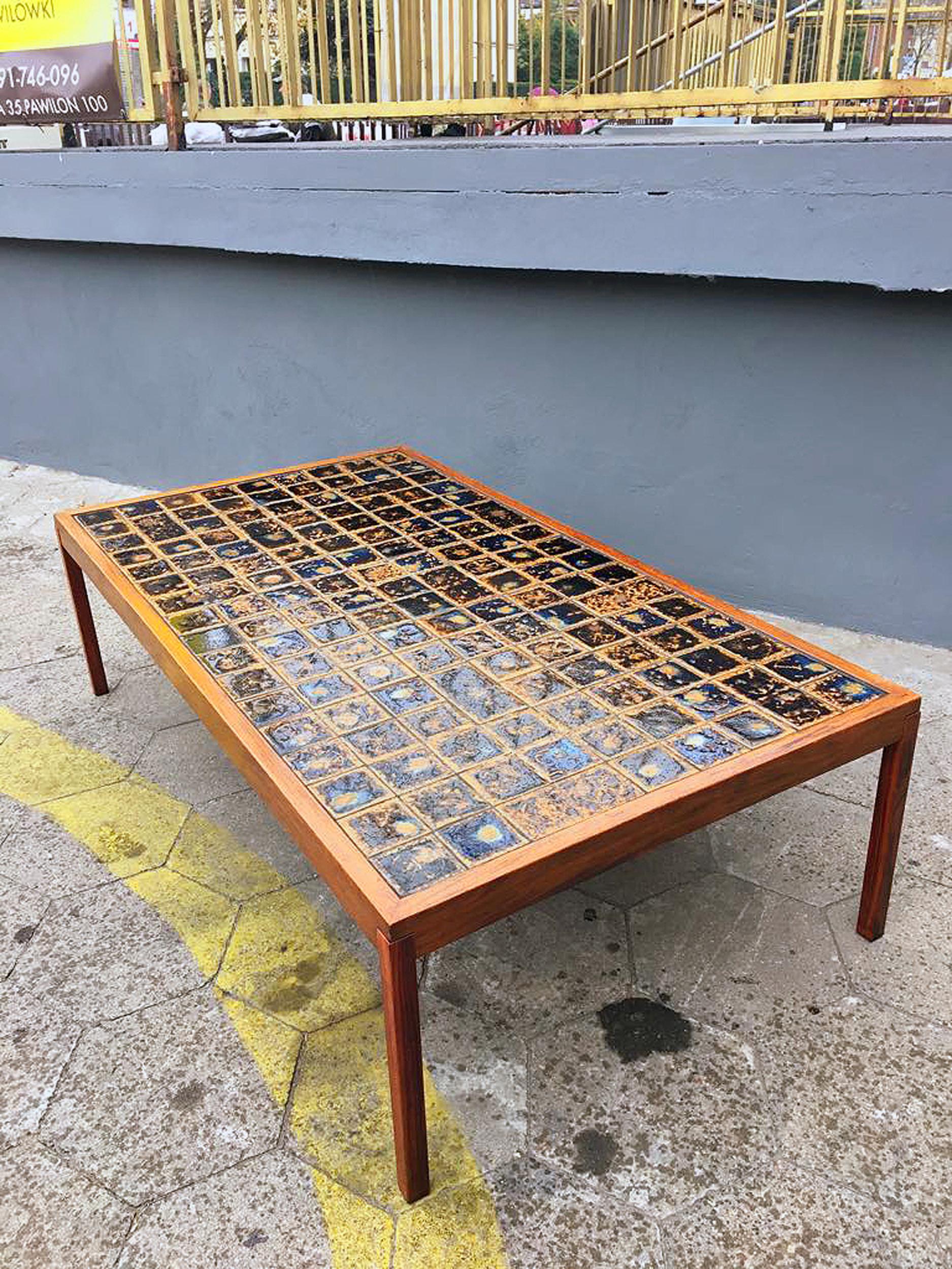 Hand-Crafted Midcentury Large Teak Wood and Ceramik Coffee Table/Bench, 1960s For Sale