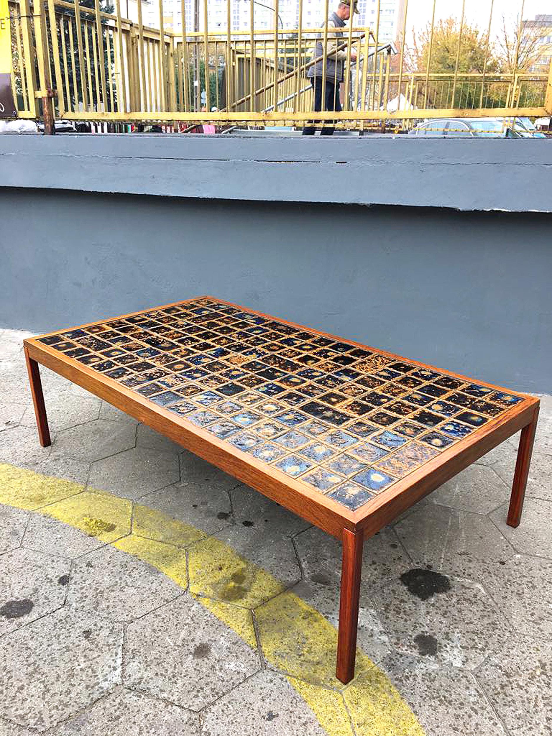 Mid-20th Century Midcentury Large Teak Wood and Ceramik Coffee Table/Bench, 1960s For Sale