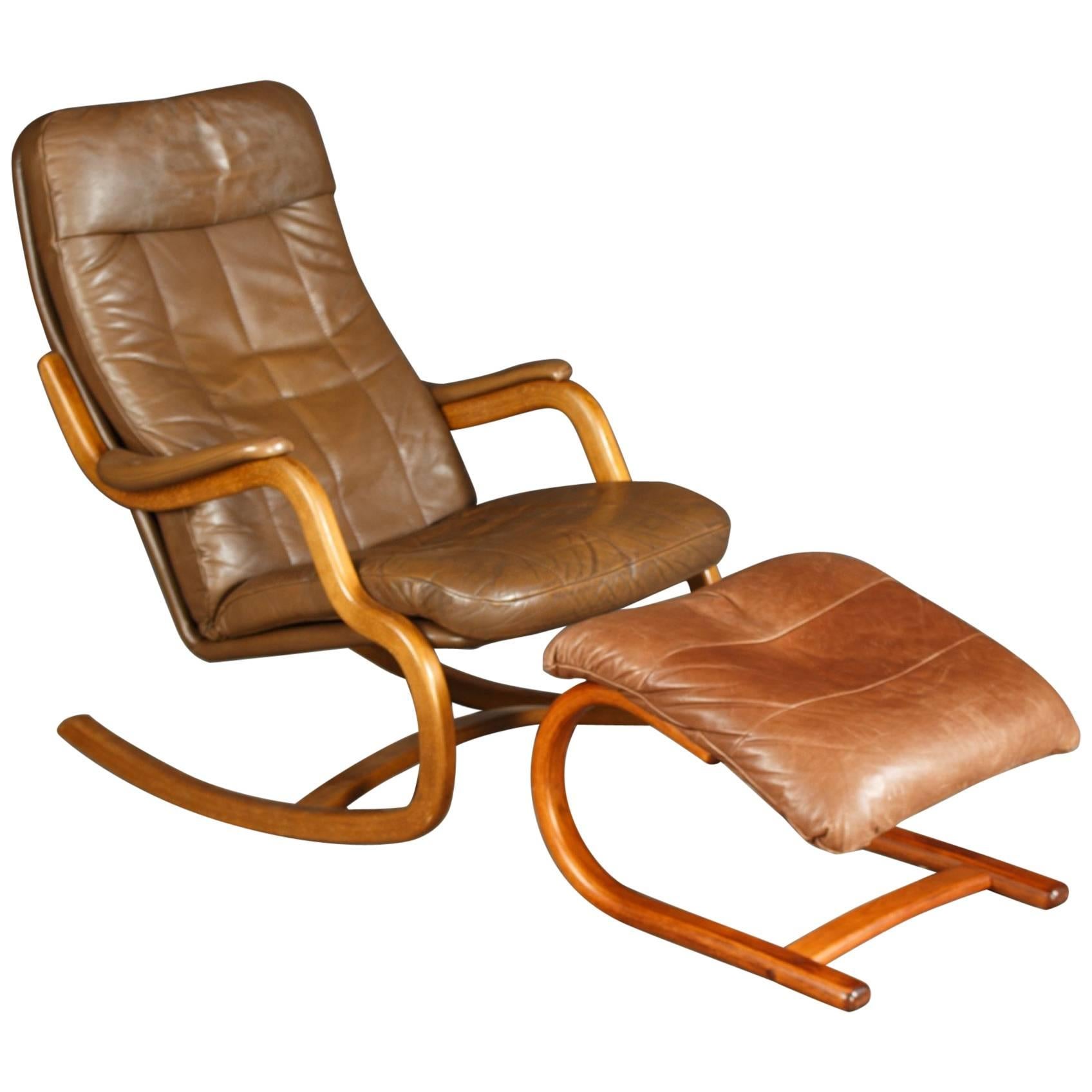 Midcentury Danish Lounge Chair with Ottoman and Leather Cushions