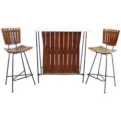 Retro Midcentury Danish Modern Arthur Umanoff Three-Piece Bar and Pair of Stools