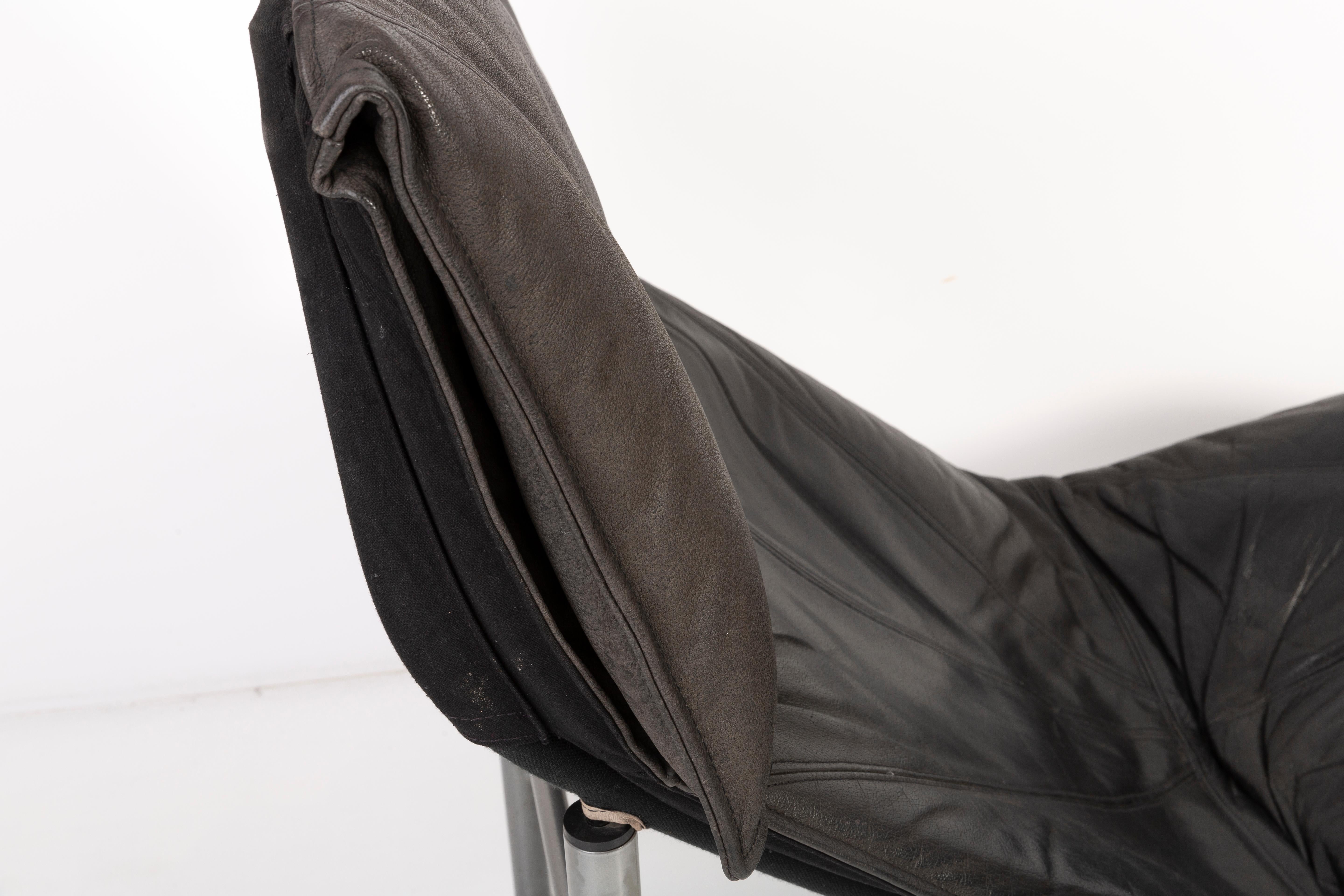 Midcentury Danish Modern Black Leather Chaise Lounge Chair by Tord Björklund 1