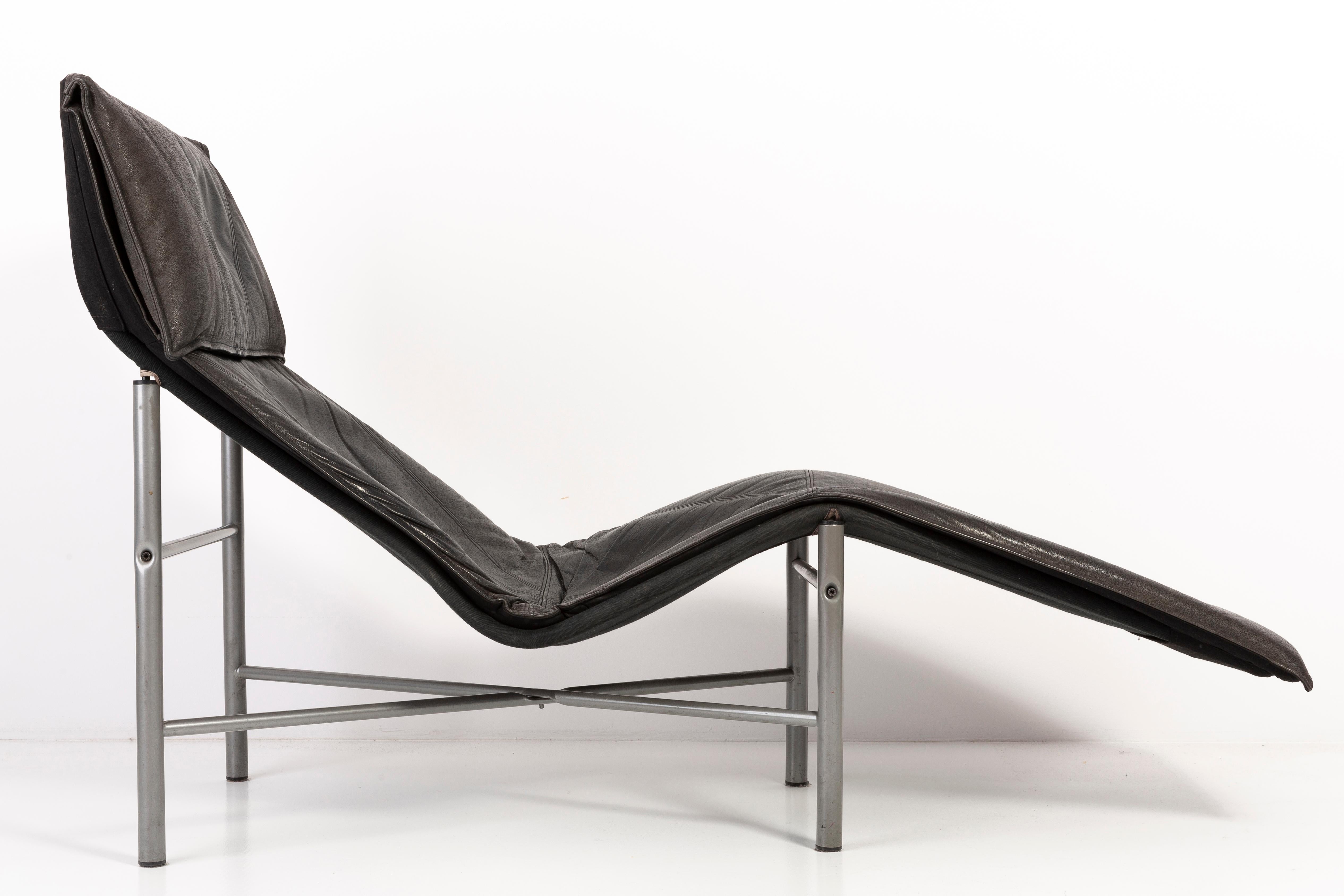 Steel Midcentury Danish Modern Black Leather Chaise Lounge Chair by Tord Björklund