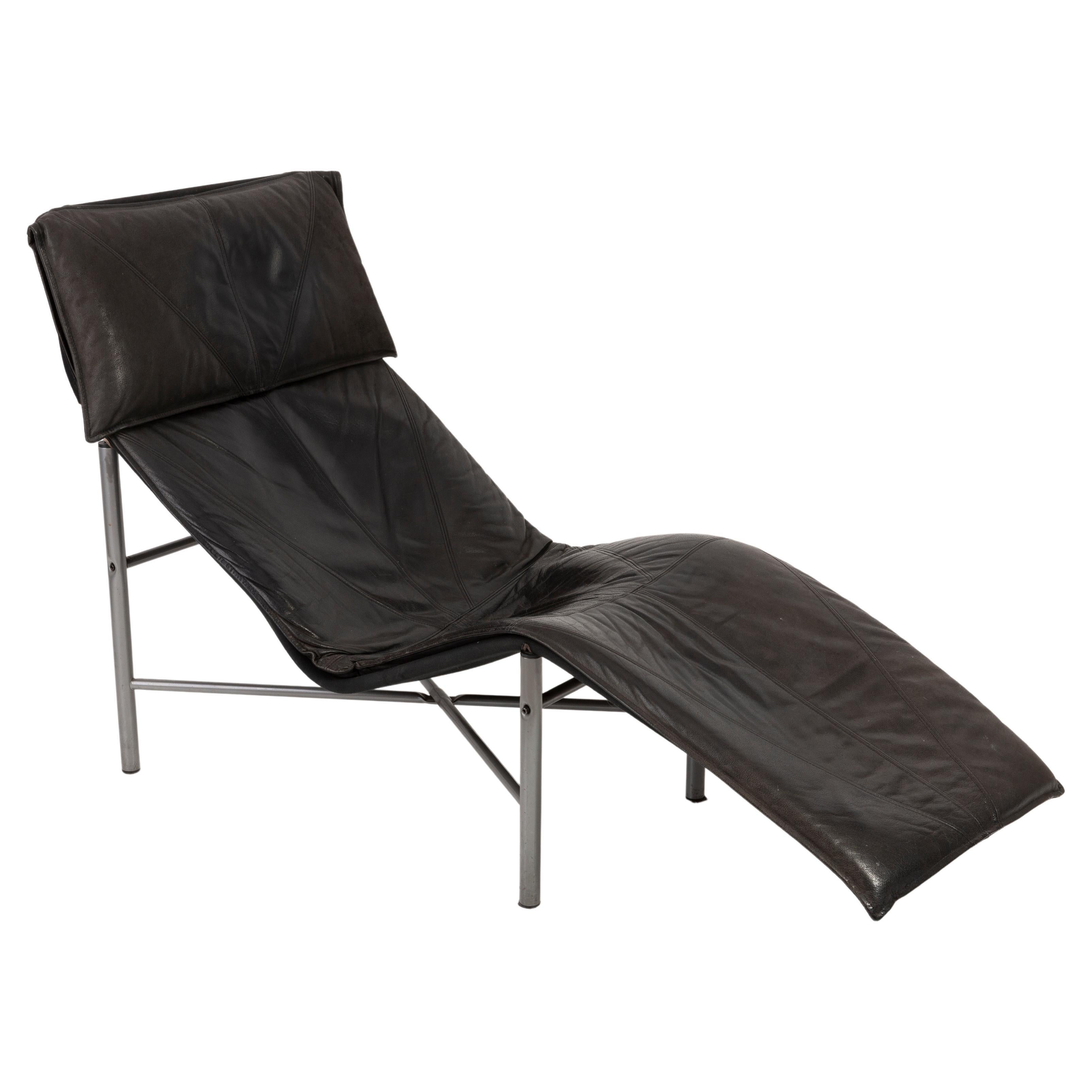 Midcentury Danish Modern Black Leather Chaise Lounge Chair by Tord Björklund