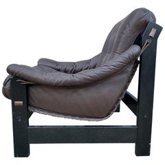 Midcentury Danish Modern Dark Brown Leather Sling Safari Low Lounge Chair