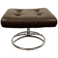 Vintage Midcentury Danish Modern Ekornes Stressless Chrome Leather Swivel Ottoman