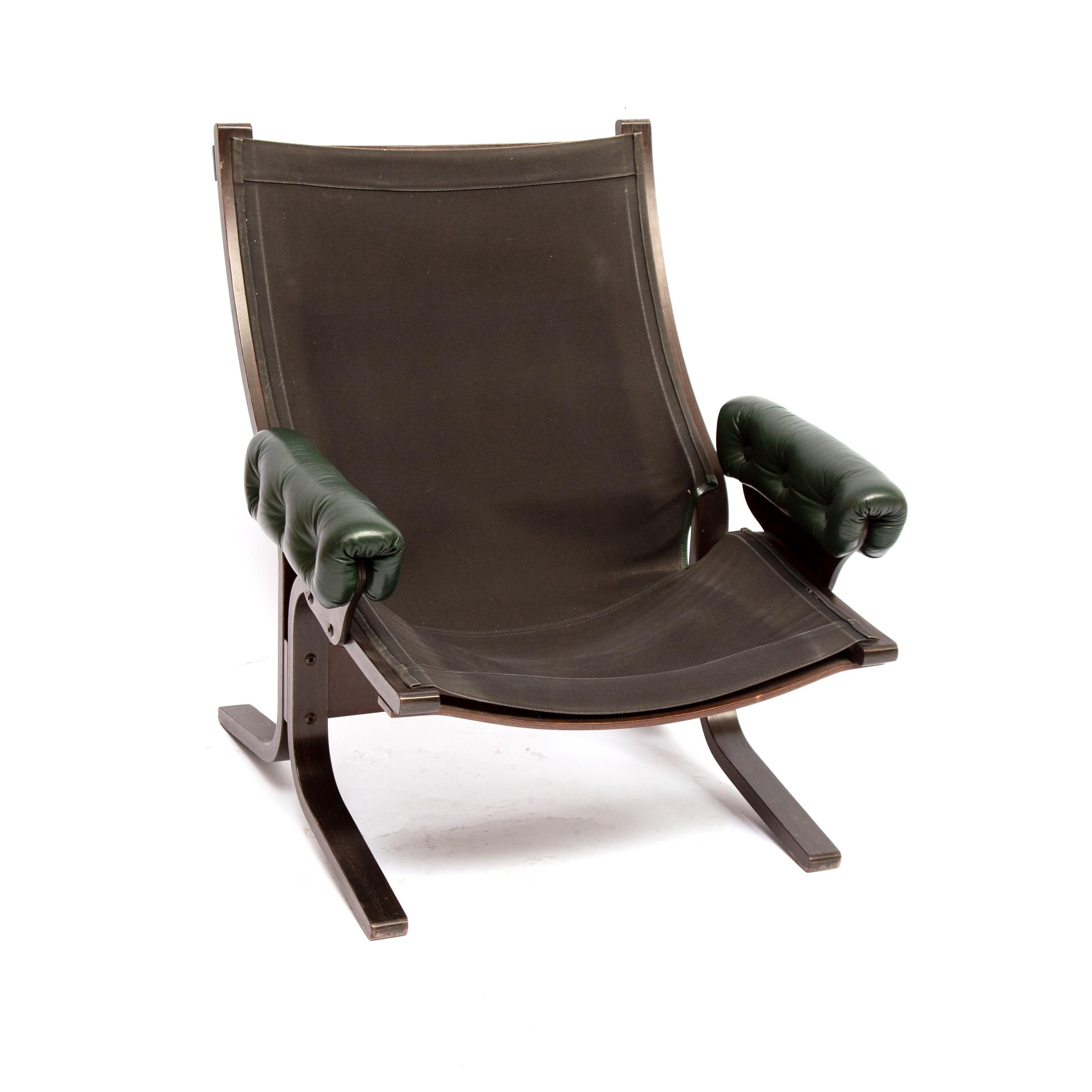 Norwegian Midcentury Danish Modern Green Leather Slipper Lounge Chair