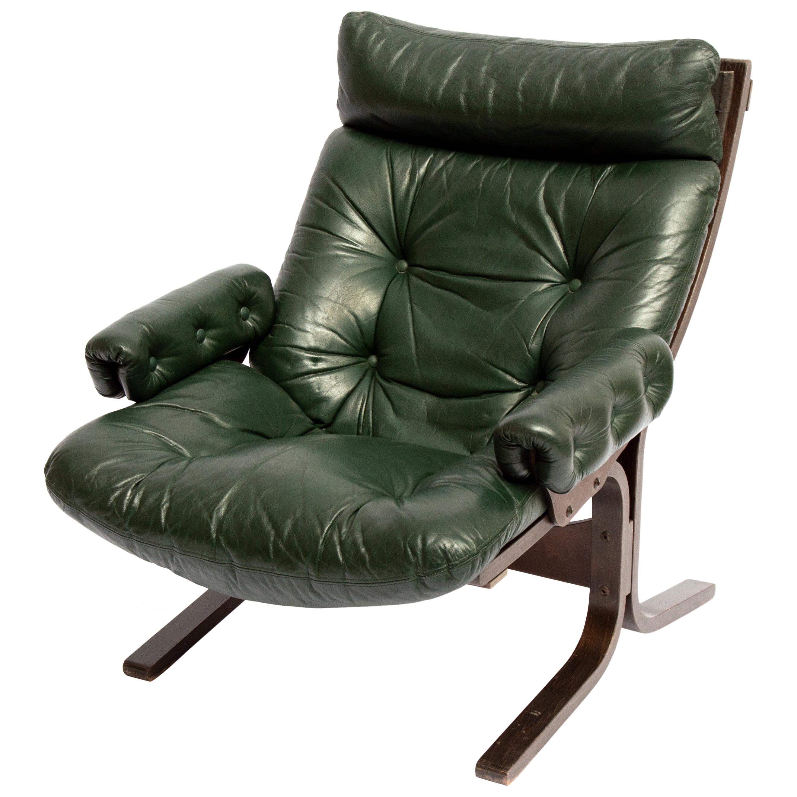 Midcentury Danish Modern Green Leather Slipper Lounge Chair
