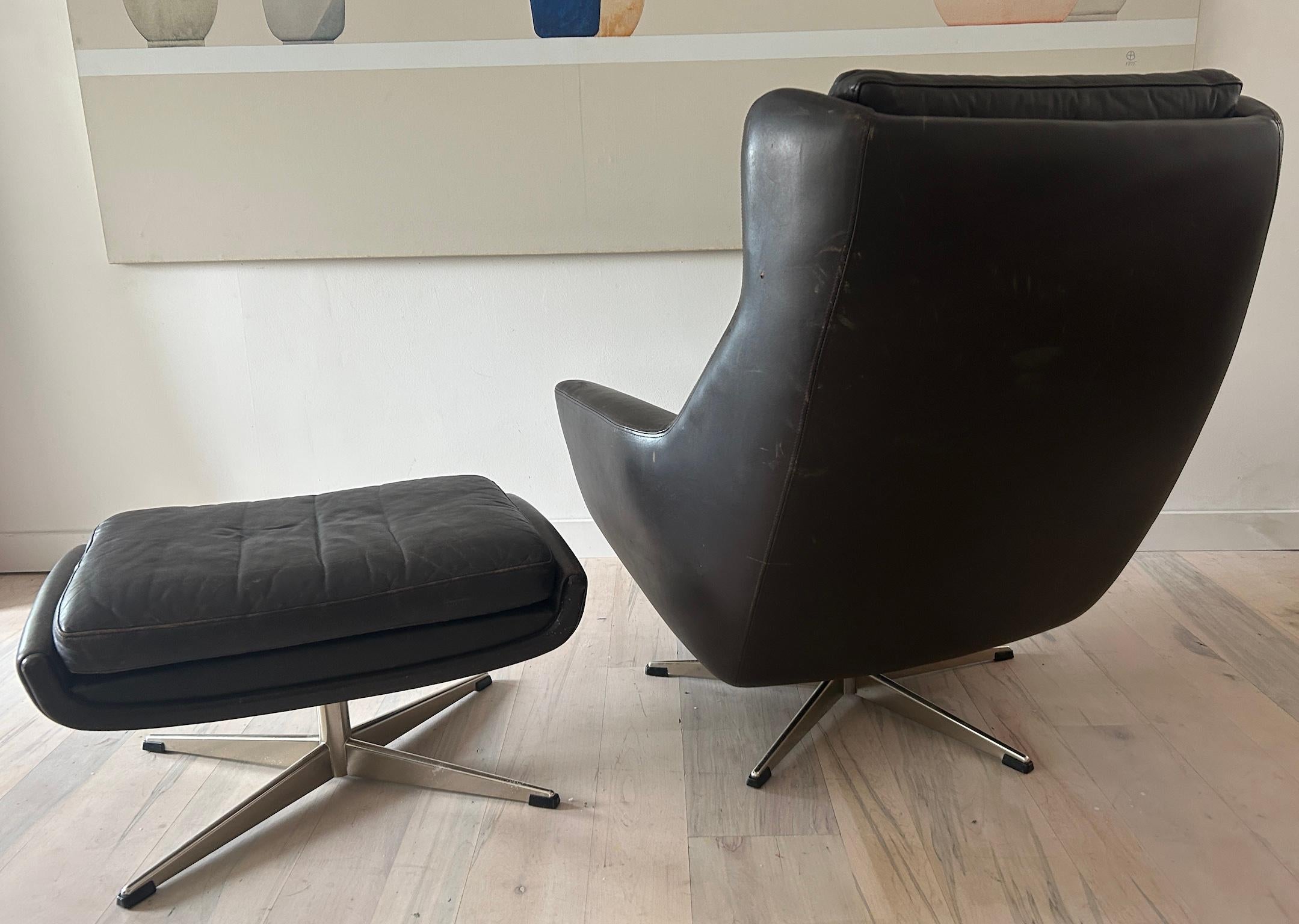 Mid-Century Modern Midcentury Danish Modern Leather Lounge Chair Ottoman by Erhardsen & Anderson 