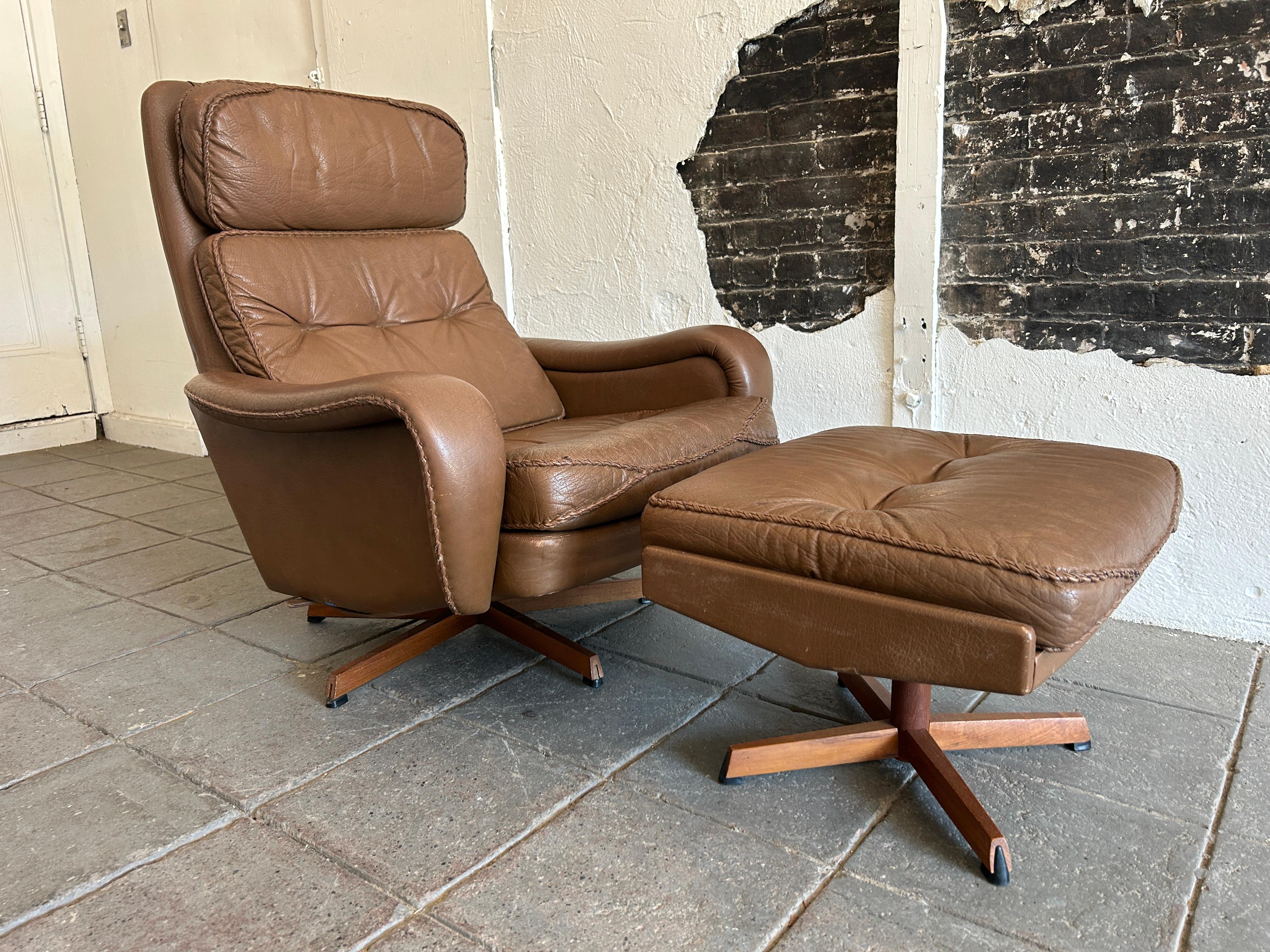 Mid-Century Modern Midcentury Danish Modern Leather Lounge Chair Ottoman by Madsen & Schubell For Sale
