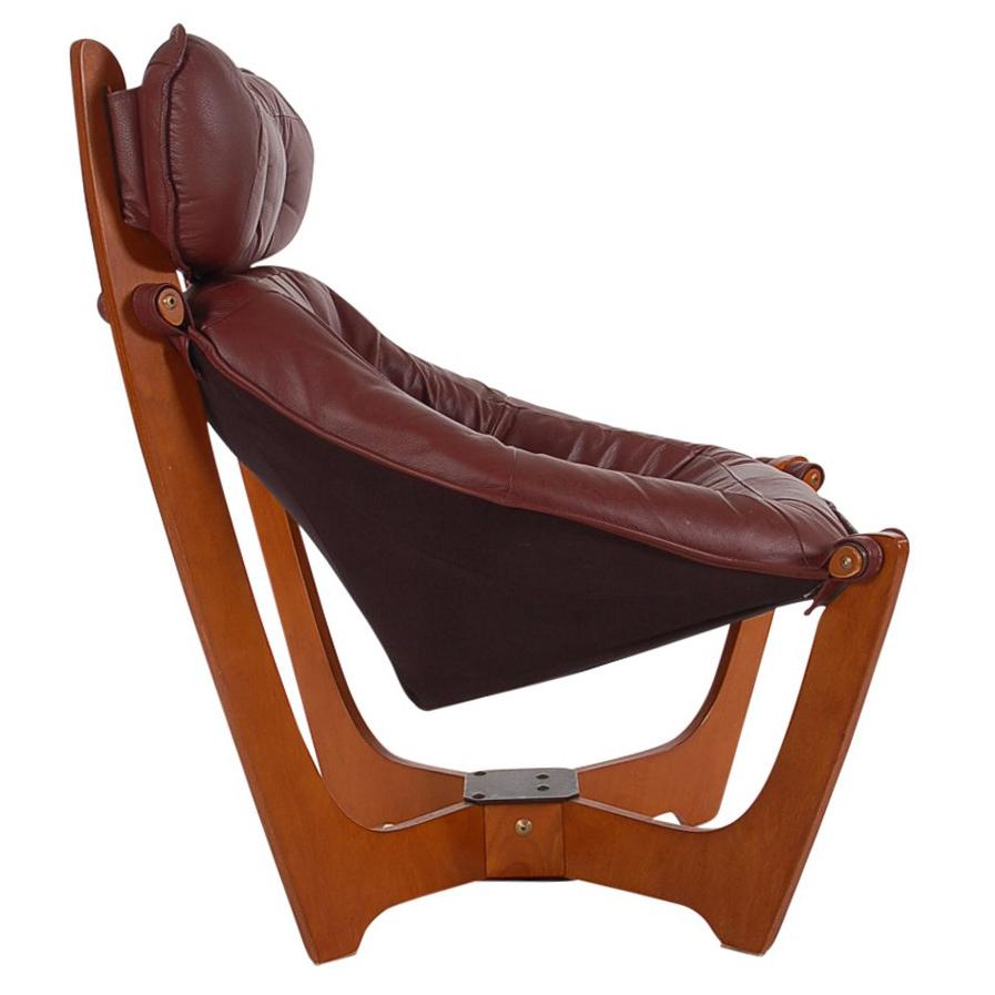 Midcentury Danish Modern Leather Sling Lounge Chair in Teak by Odd Knutson