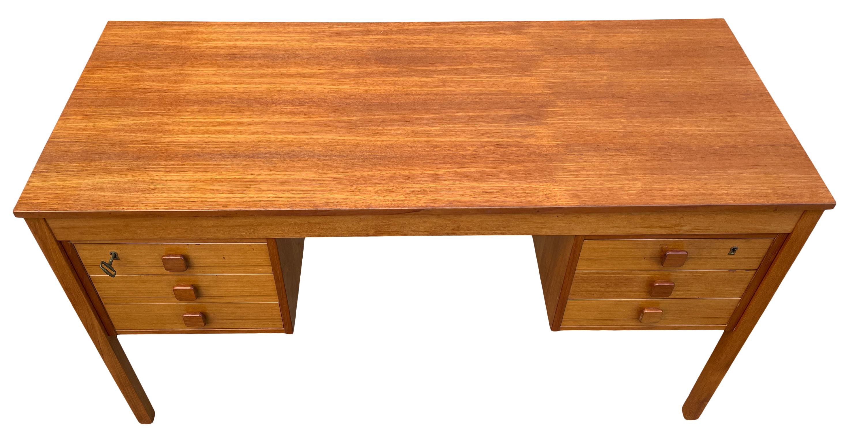 Great Medium sized mid century Danish modern light teak desk with 6 drawers with wooden pulls. Danish compact design. No labels, made in Denmark. Top 2 drawers has original Key - Lockable. Located in Brooklyn NYC.