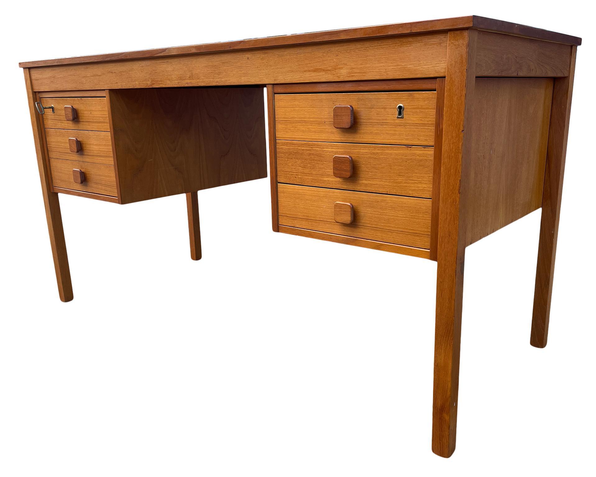 Woodwork Midcentury Danish Modern Light Teak Desk 6 Drawers Top Lockable Drawers Key For Sale