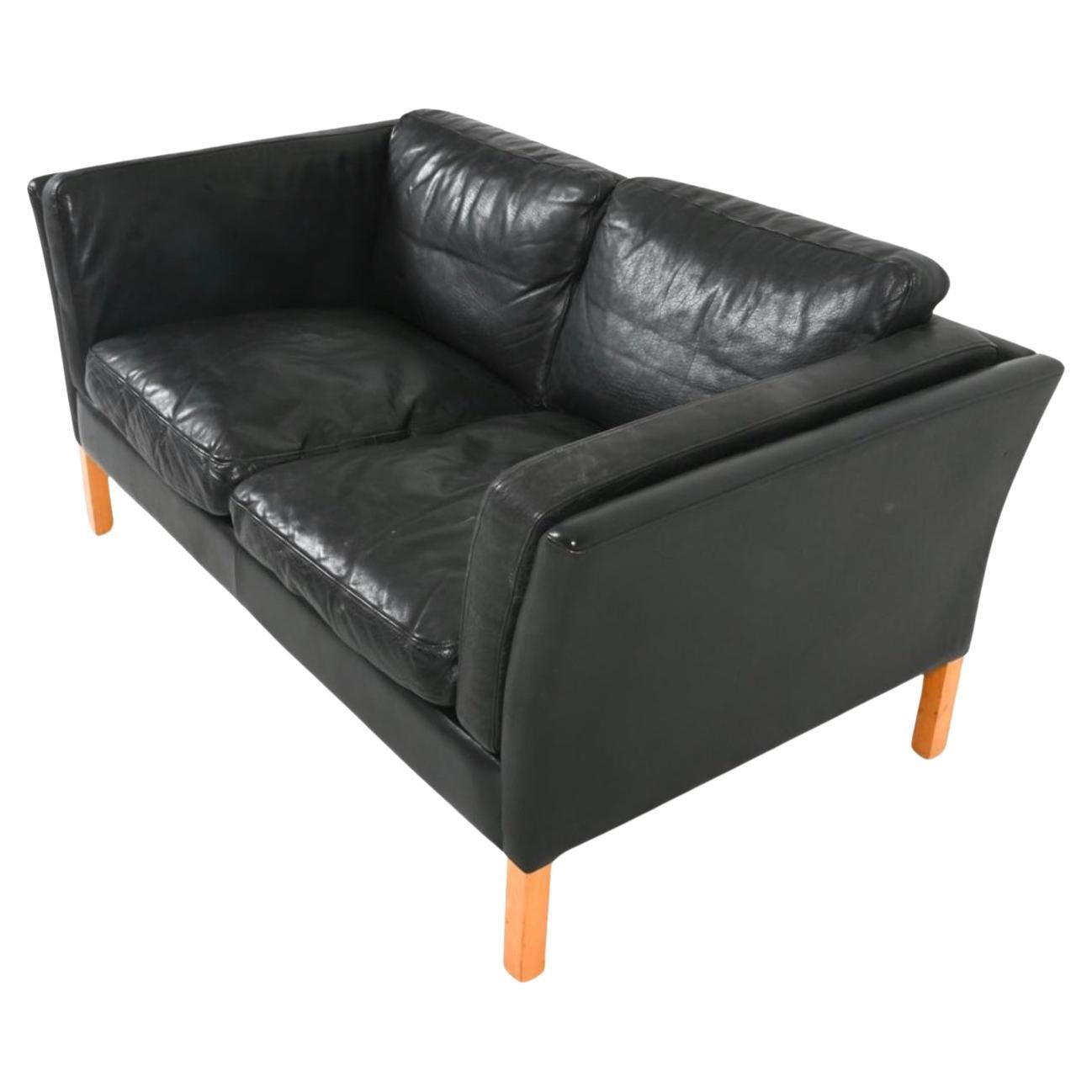 Mid-Century Modern Midcentury Danish Modern Low Curved Arm Black Leather 2 Seat Sofa birch Legs For Sale
